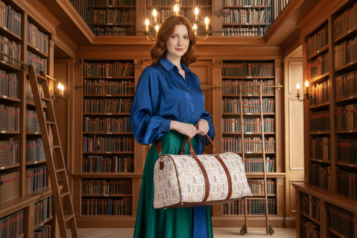 Woman holding a patterned tote bag with brown handles and strap on a white background
