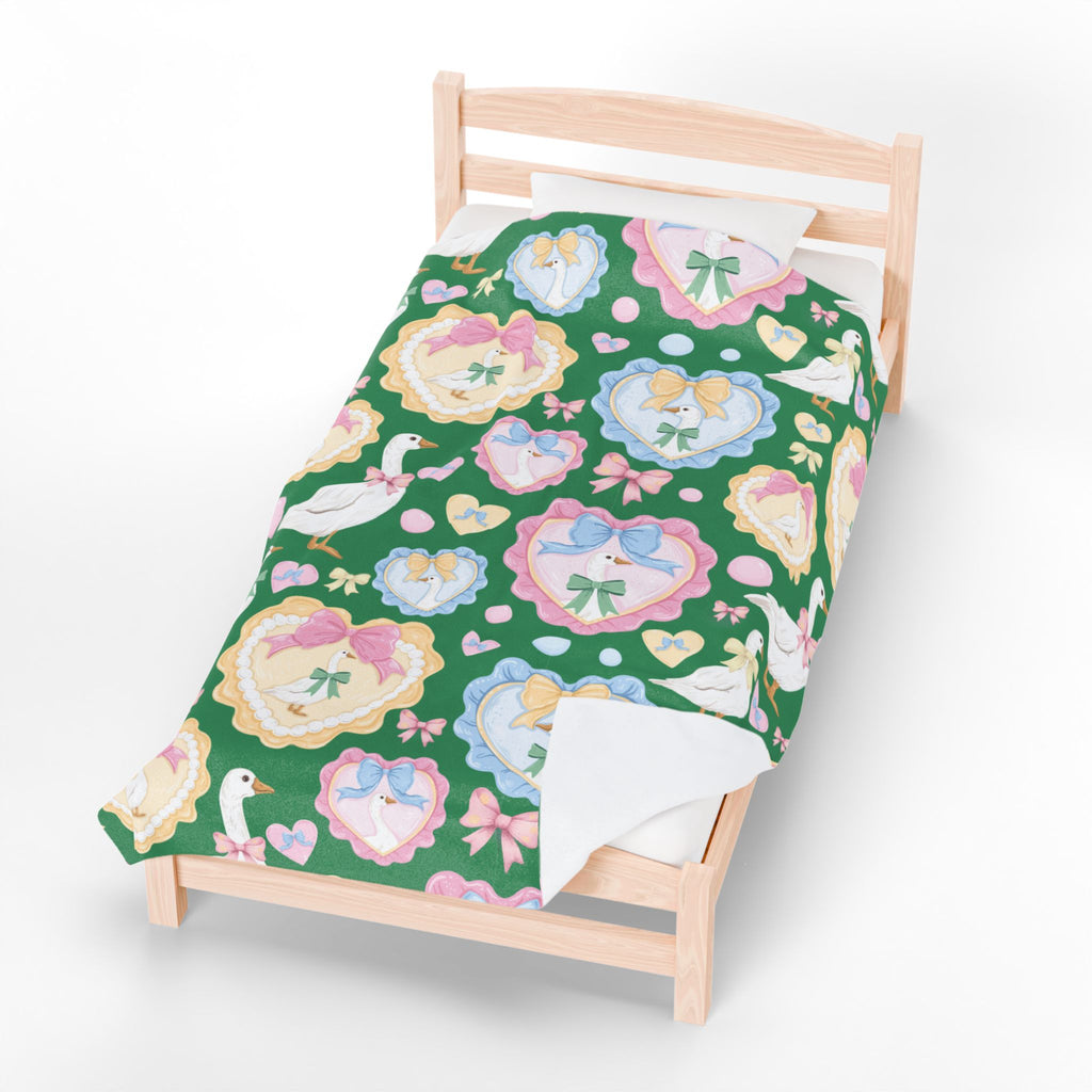 Couverture polaire en velours vert "Silly Goose" — Plaid douillet à nœuds et cœurs pastel