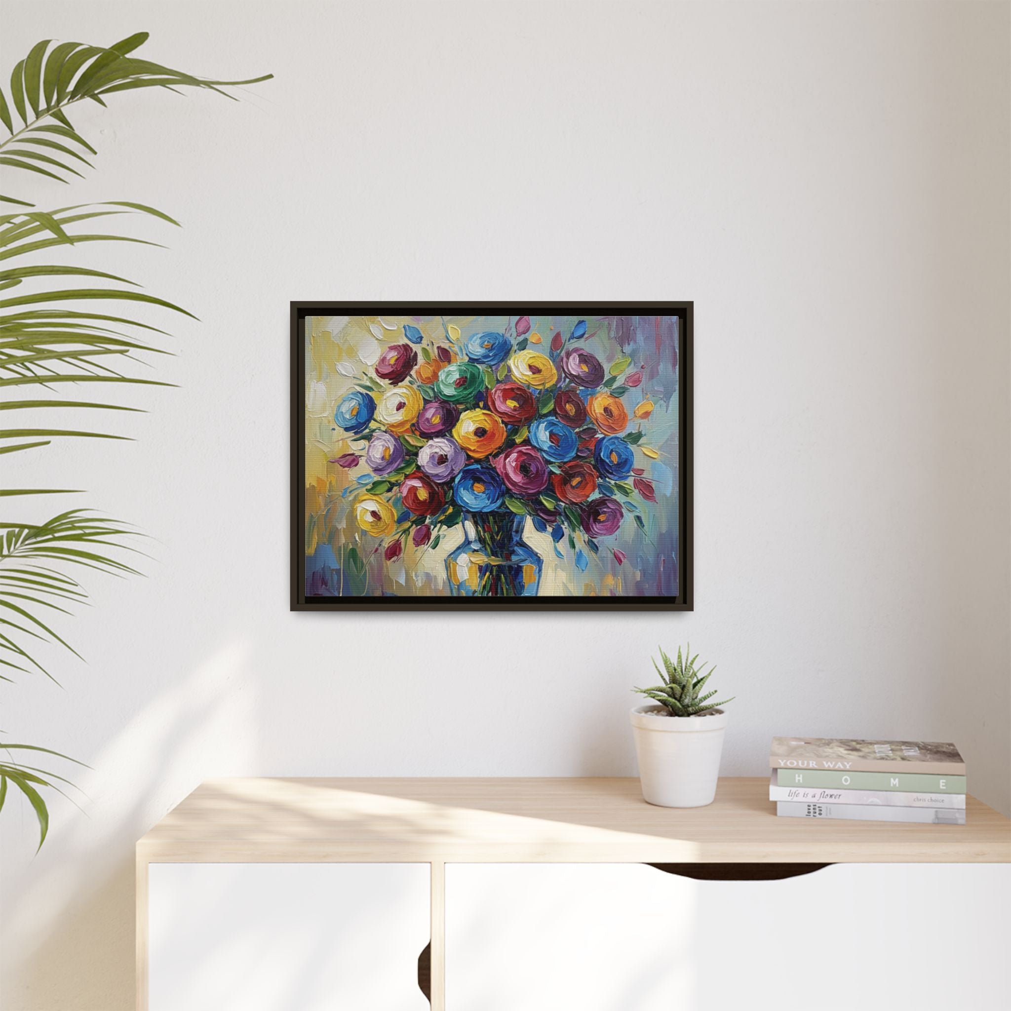 Impression sur toile bouquet floral aquarelle - Tableau mural encadré mat - Illusion de peinture à l'huile vibrante