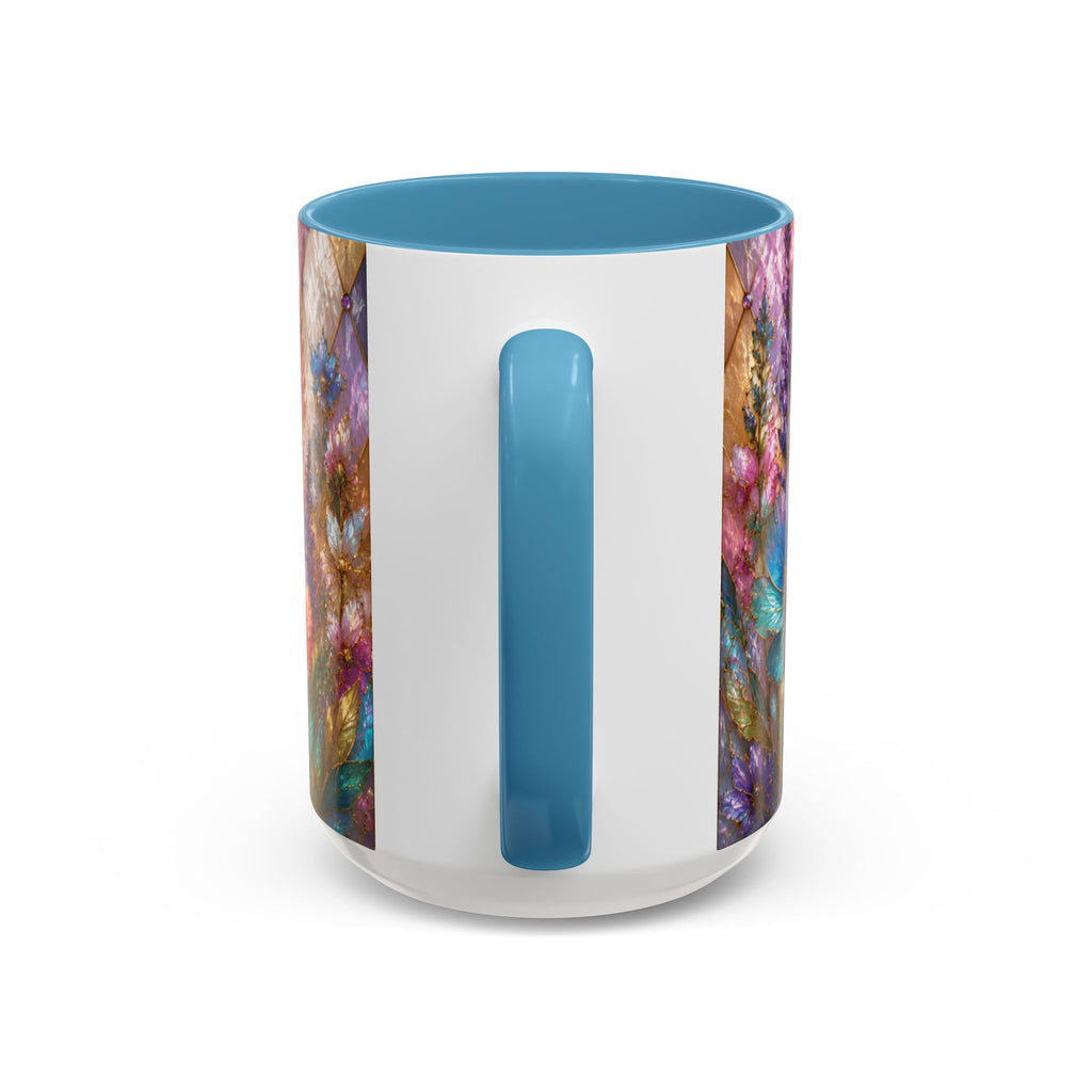 Floral Mosaic Accent Coffee Mug — Colorful Garden Flowers 11/15oz Stain Glass Illusion