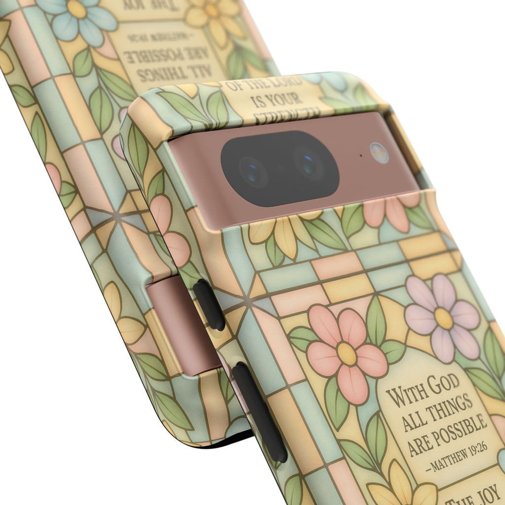 Pastel Stained Glass Bible Verse Phone Case Christian Affirmation Cover, Soft Geometric Design, iPhone Samsung Google, Faith Gift for Her Bible Verse or Affirmation | Protective, Inspirational Gift for Christians