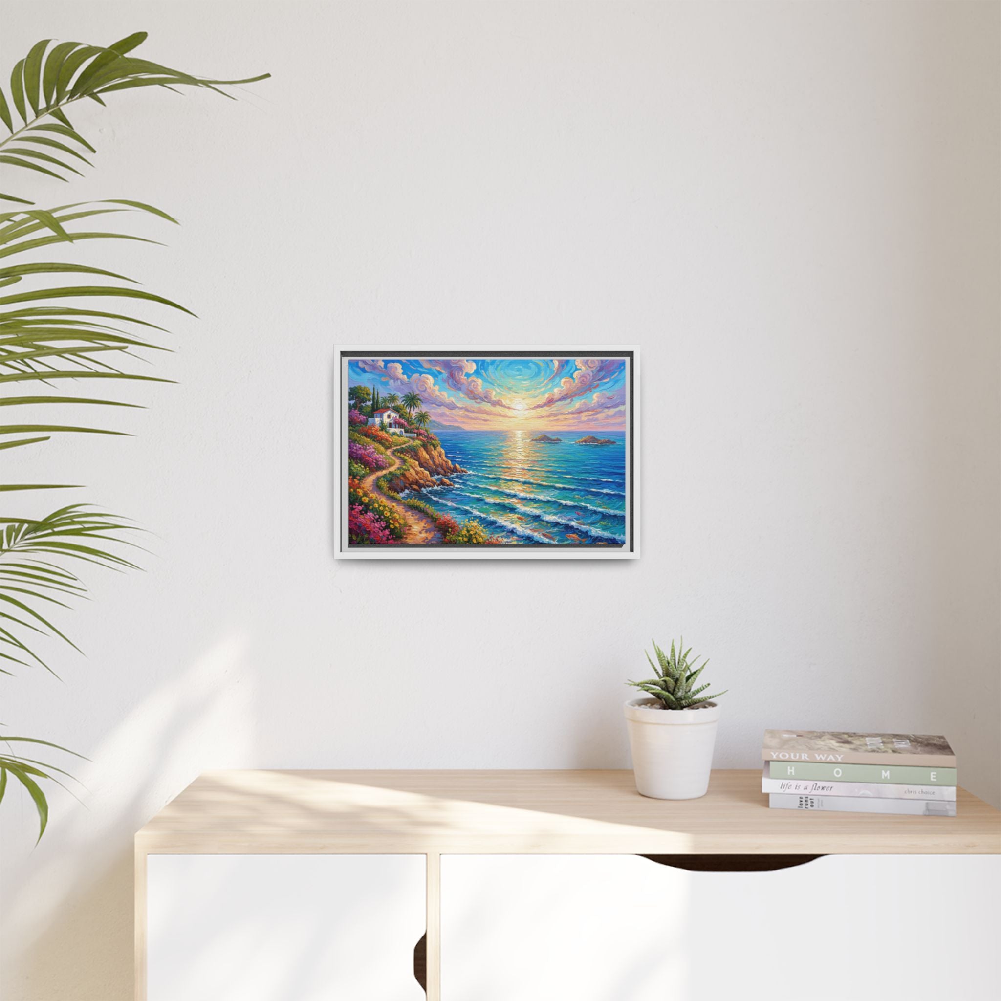 Toile imprimée florale océanique | Décoration murale colorée et lumineuse de paysage marin, œuvre d'art de bureau encadrée et mate