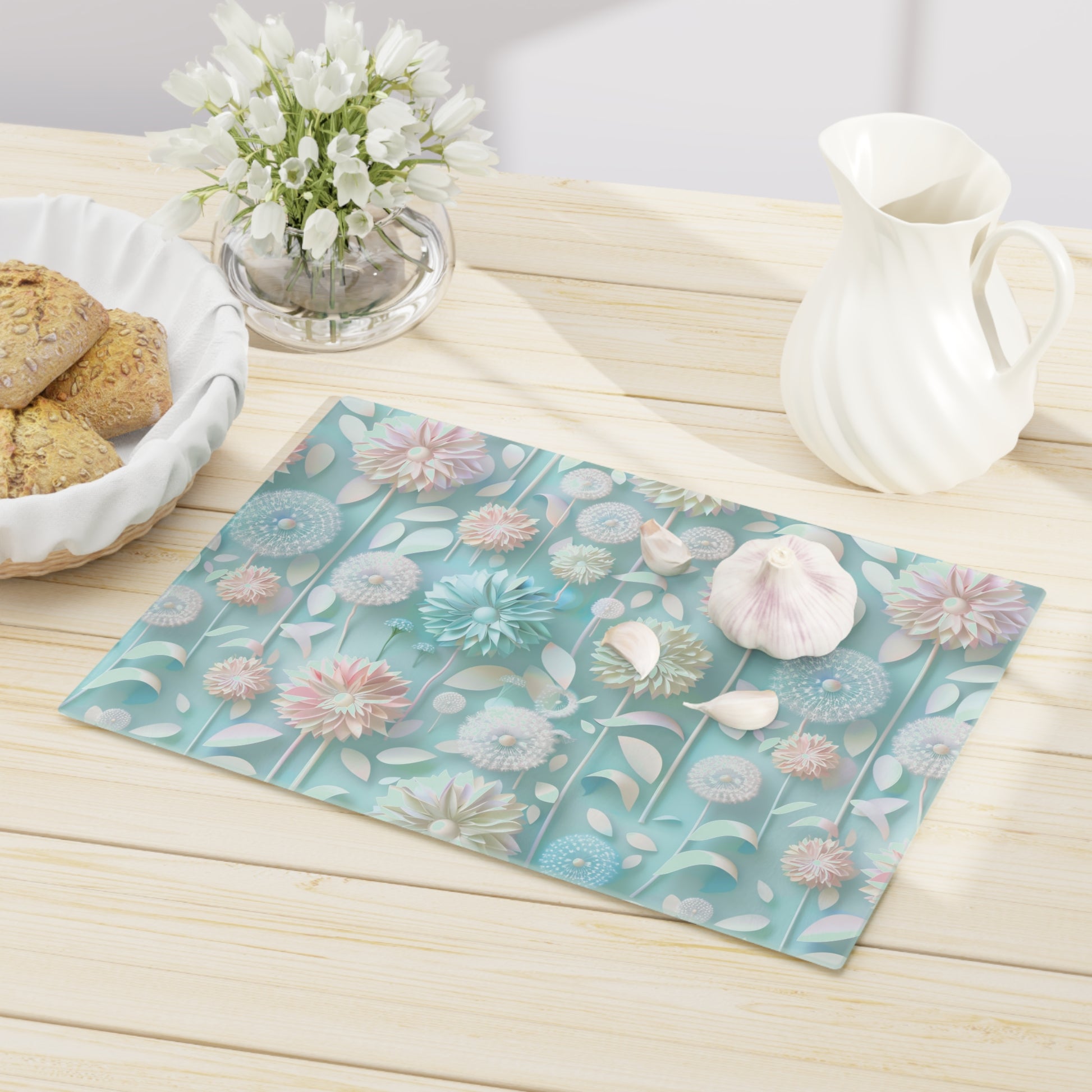 Pastel Floral Tempered Glass Cutting Board | Durable and Heat-Resistant | Non-Slip Feet for Stability | Scratch-Resistant Surface | Stylish Kitchen Decor & Gift