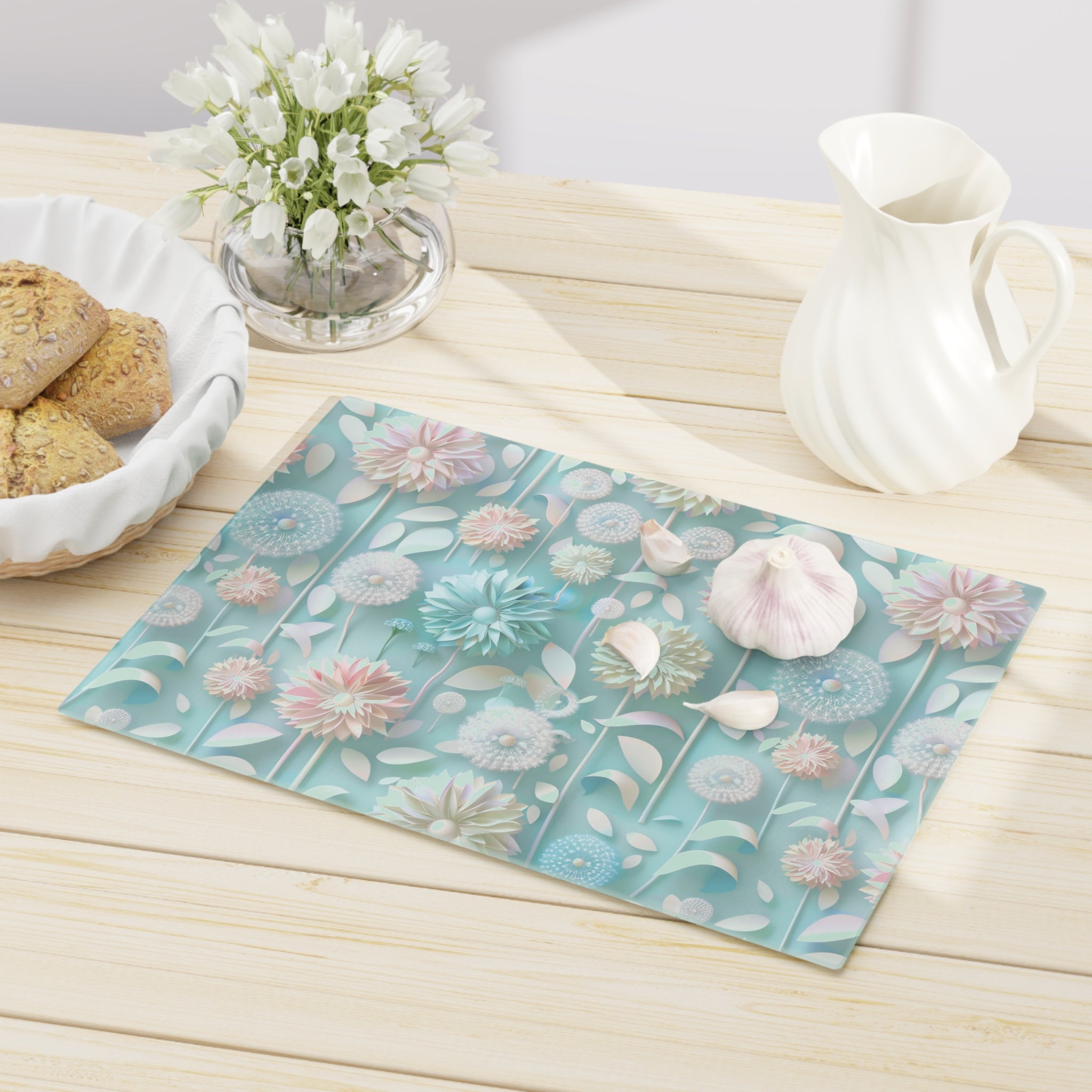Pastel Floral Tempered Glass Cutting Board | Durable and Heat-Resistant | Non-Slip Feet for Stability | Scratch-Resistant Surface | Stylish Kitchen Decor & Gift