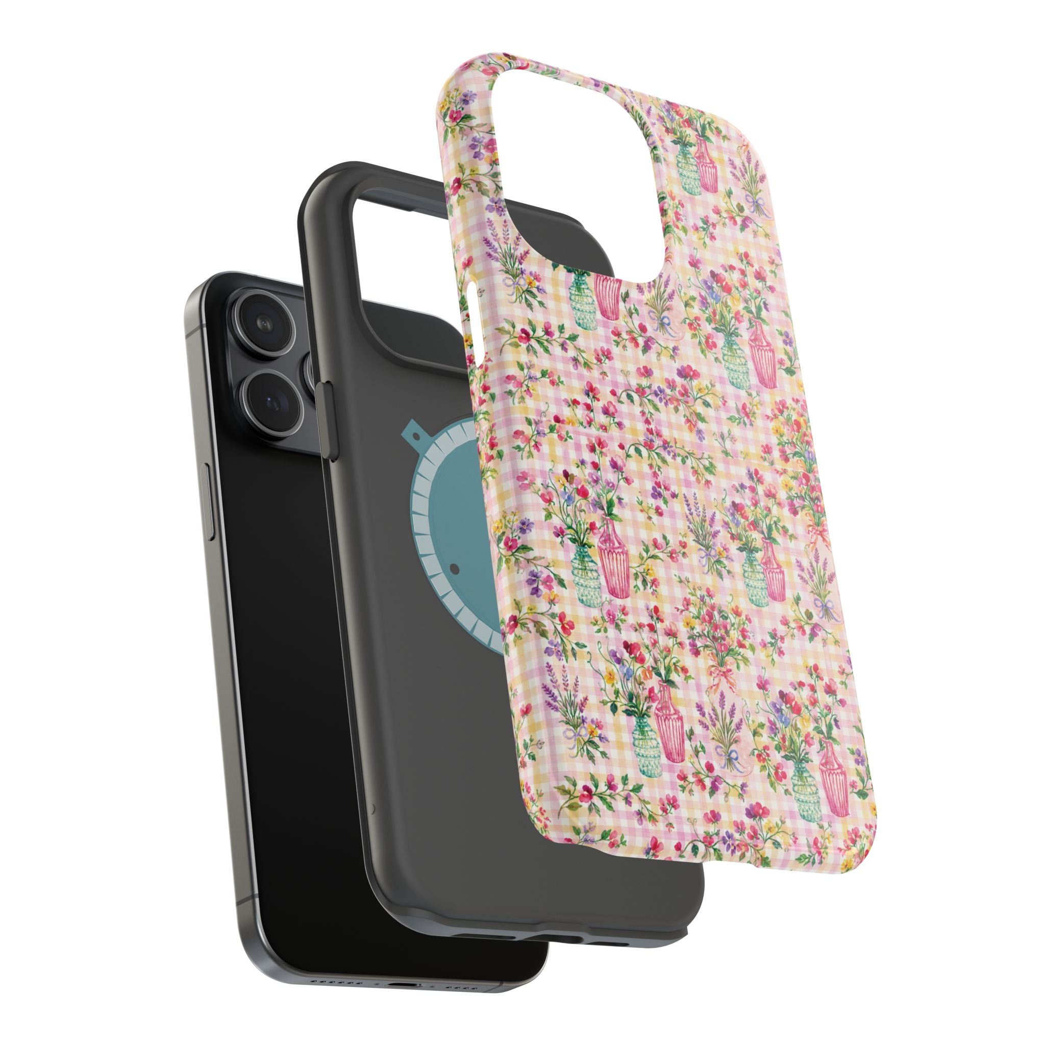 Turquoise & Pink Floral Checker Phone Case — Magnetic Impact-Resistant