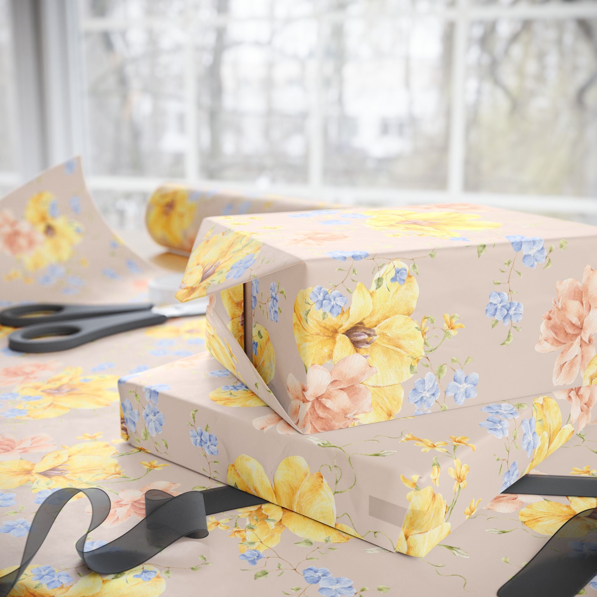 Papier Cadeau Floral Jaune et Bleu | Emballage Cadeau Mariage, Anniversaire & Douche Nuptiale