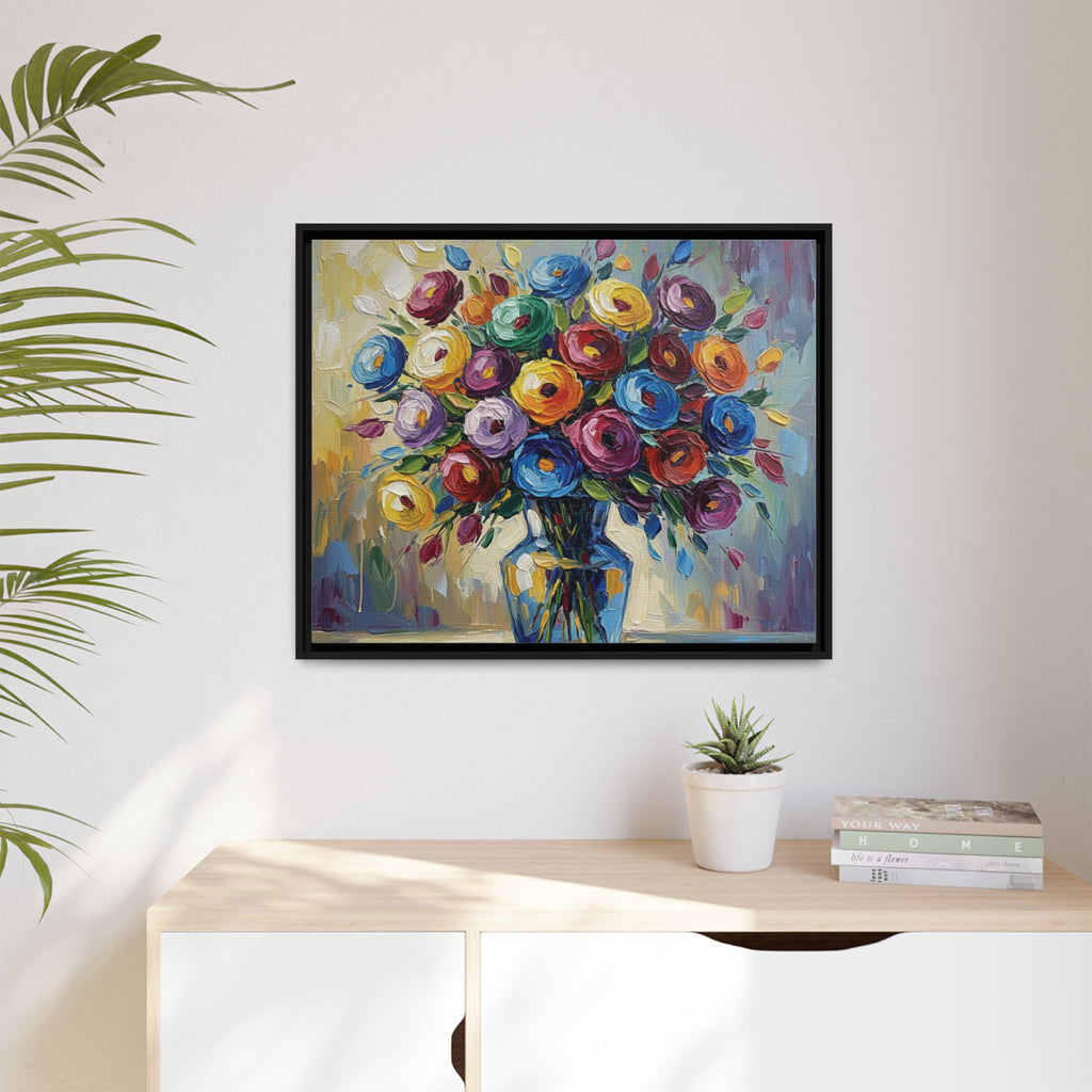 Impression sur toile bouquet floral aquarelle - Tableau mural encadré mat - Illusion de peinture à l'huile vibrante