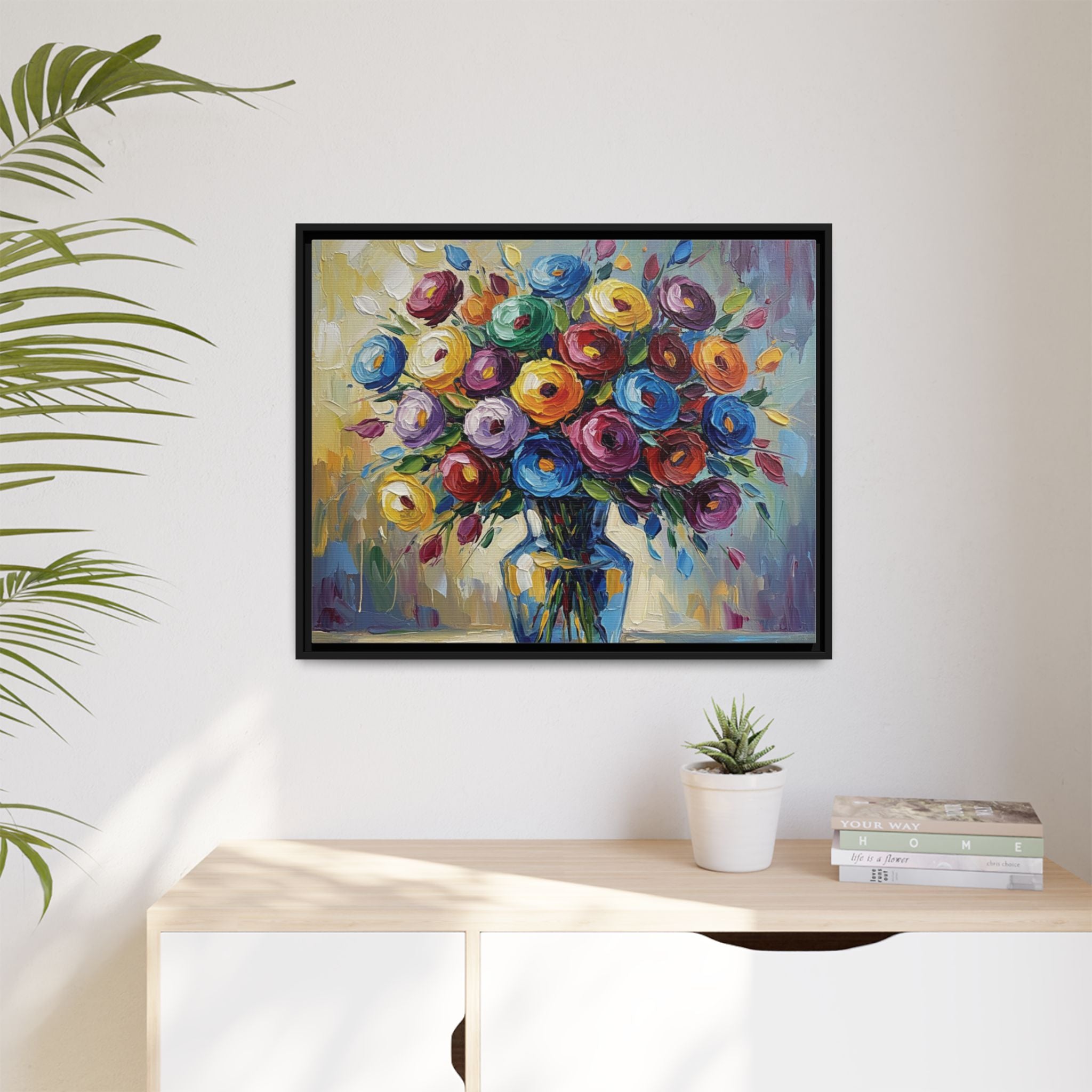Impression sur toile bouquet floral aquarelle - Tableau mural encadré mat - Illusion de peinture à l'huile vibrante