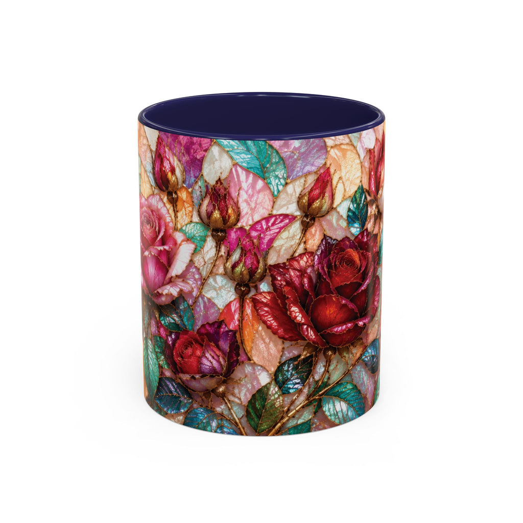 Floral Stained-Glass Accent Coffee Mug Colorful Rose Pattern