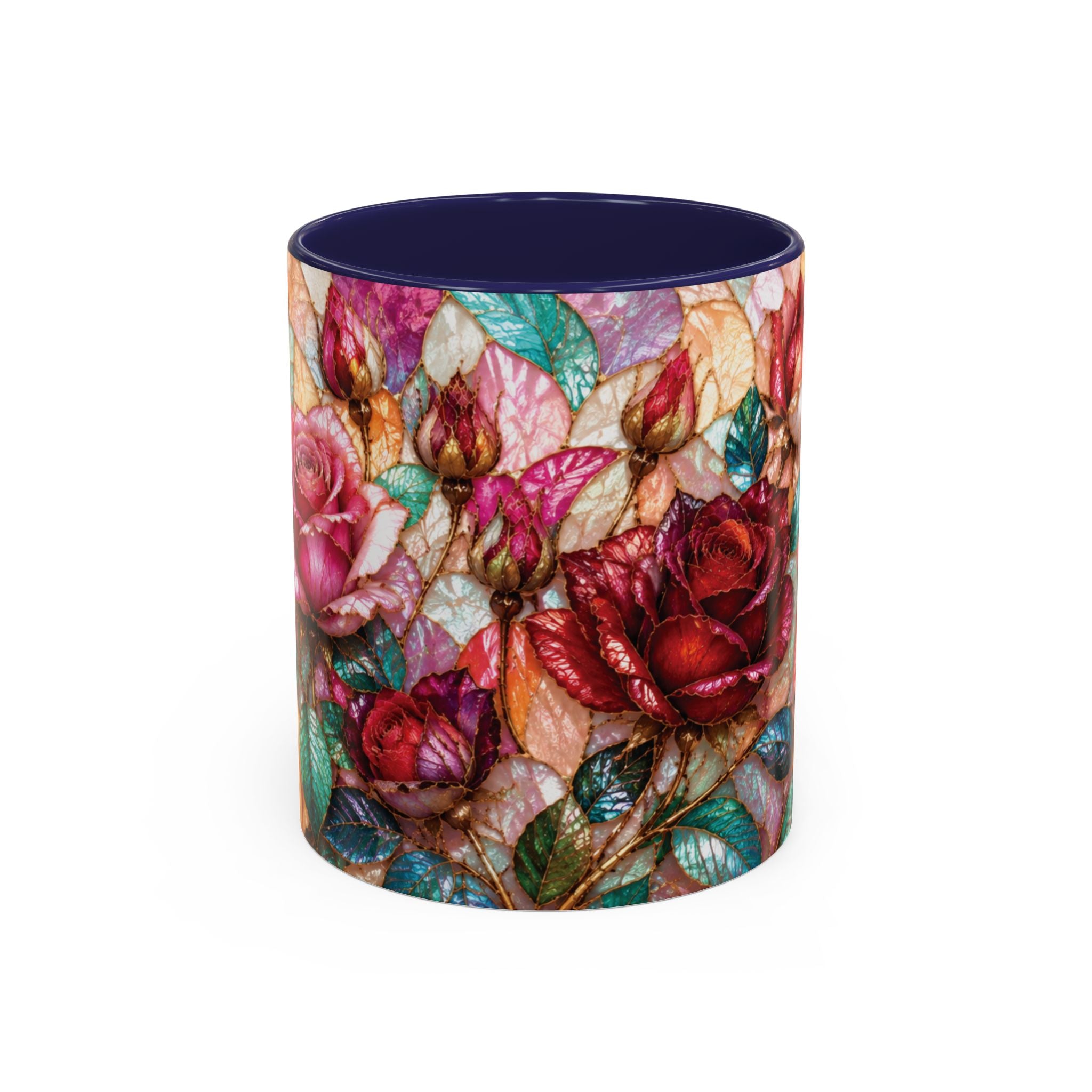 Floral Stained-Glass Accent Coffee Mug Colorful Rose Pattern (11/15 oz) Gift for Her