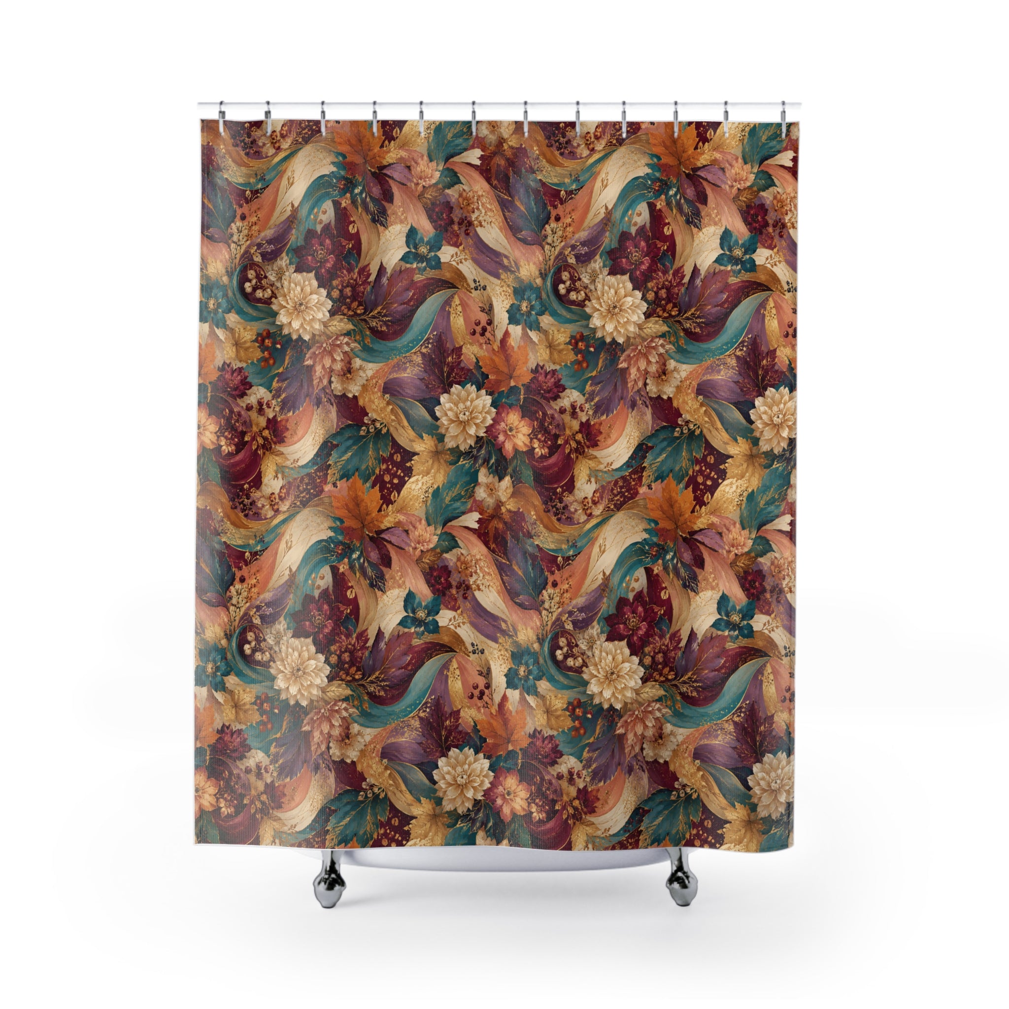 Autumn Floral Shower Curtain — Vintage Boho Leaves & Blooms Bathroom Decor