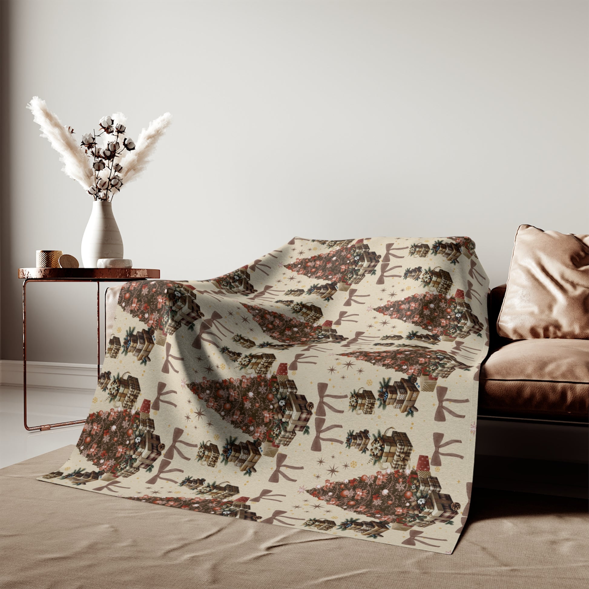 Cozy Brown Christmas Blanket | Soft Holiday Sweatshirt Throw with Tree Pattern