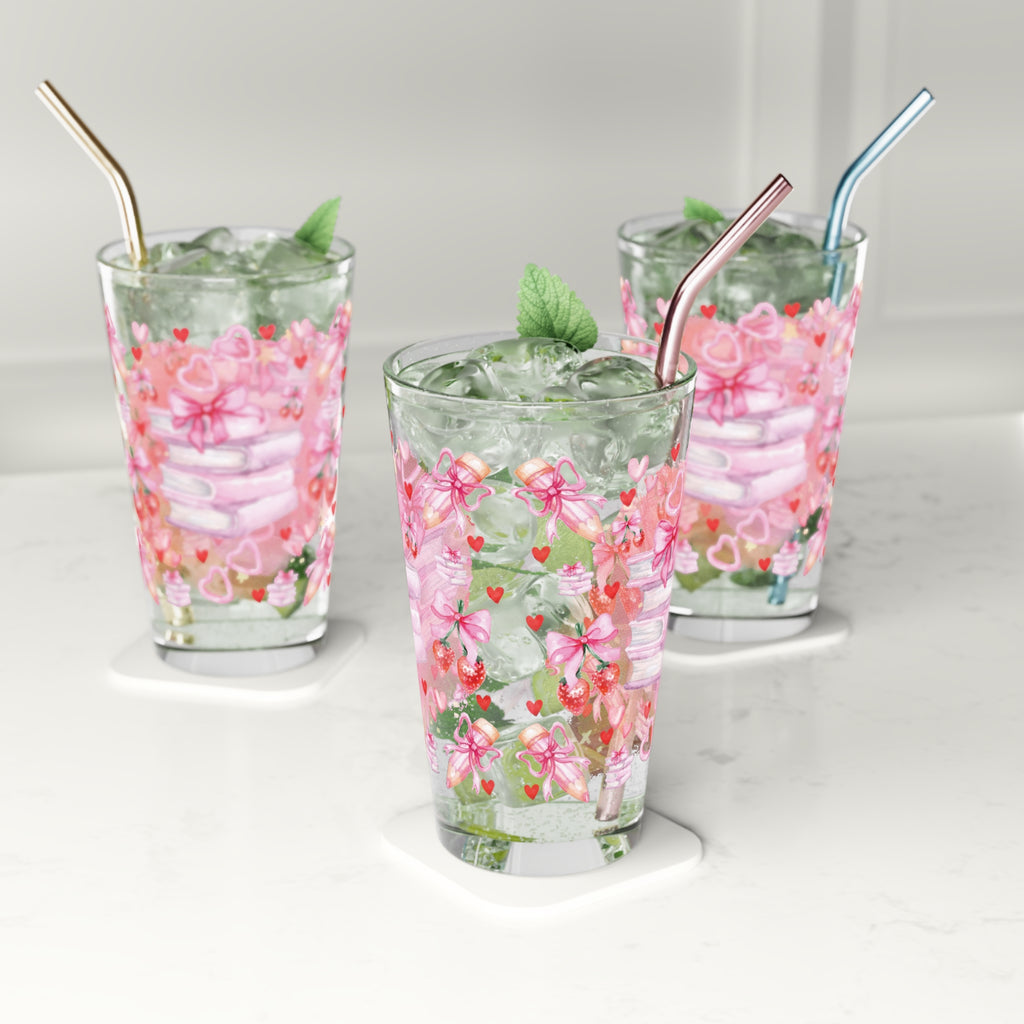 Romantic Pink Books and Bows Pint Glass | 16oz Party Drinkware Book Lover