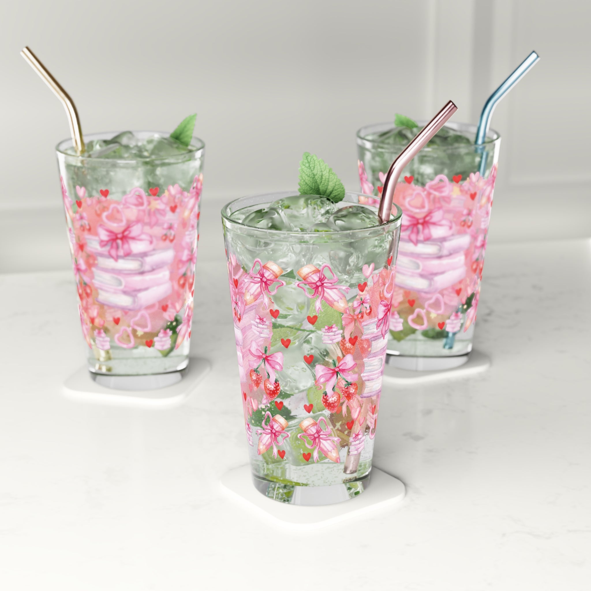 Romantic Pink Books and Bows Pint Glass | 16oz Party Drinkware Book Lover