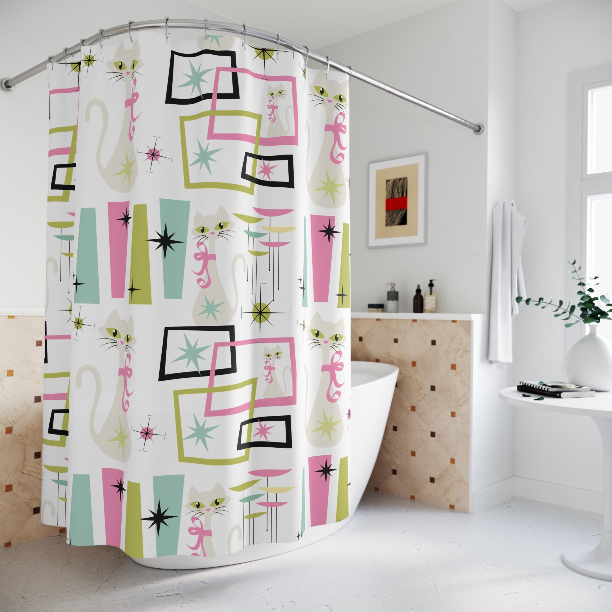 Pastel Atomic Kitty Cats Shower Curtain – Mid-Century Modern 50s Retro Vibes, Playful & Stylish for a Chic Bathroom Upgrade Housewarming Gift