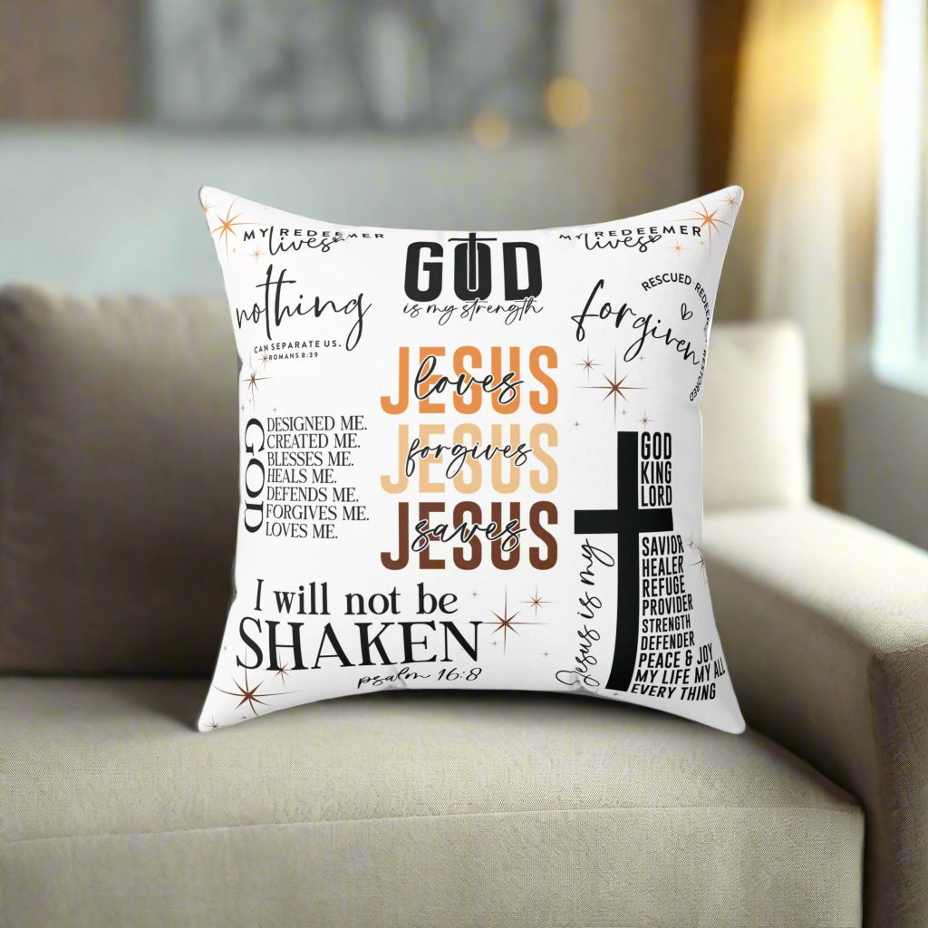 Decorative pillow with inspirational text and graphics on a white background