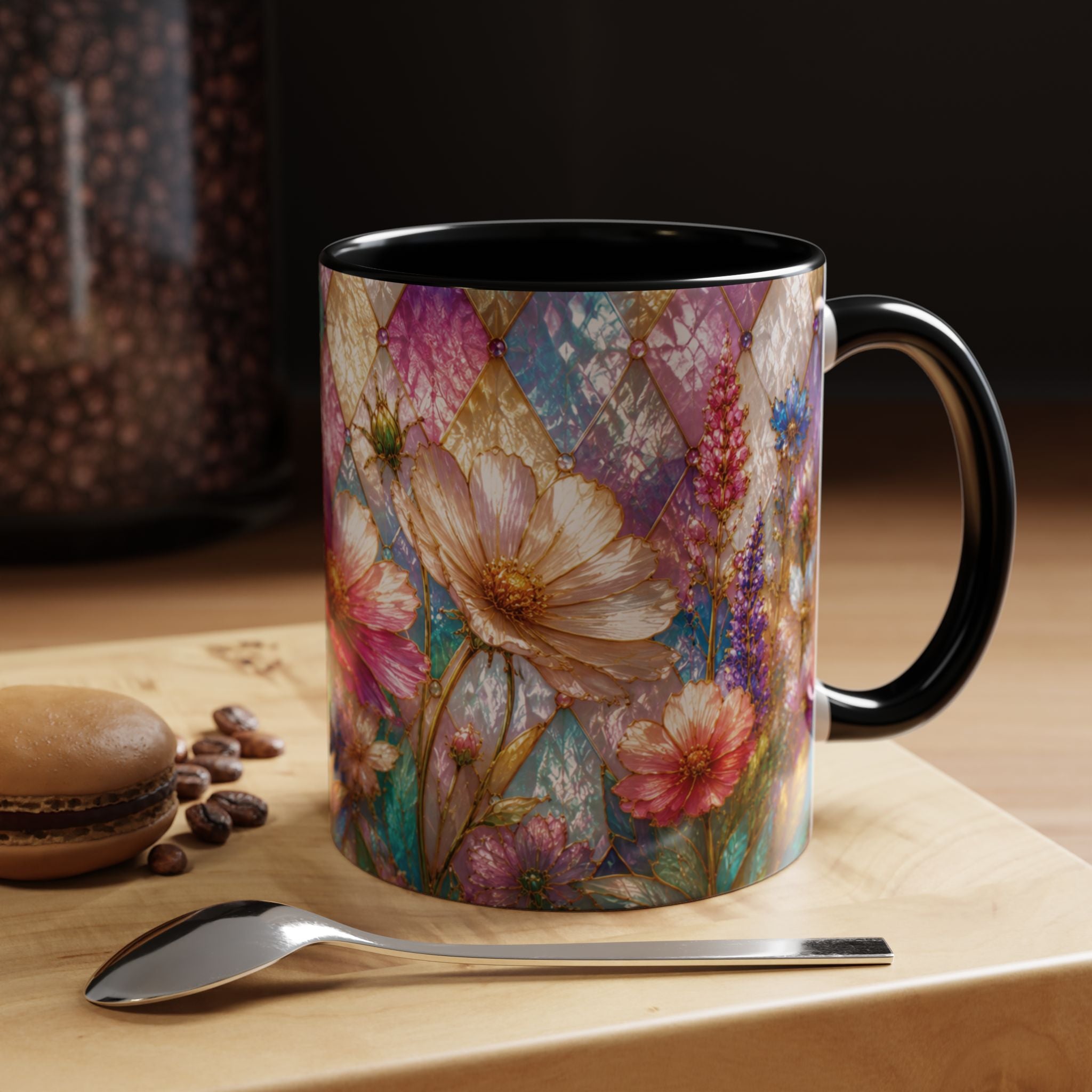 Floral Mosaic Accent Coffee Mug — Colorful Garden Flowers 11/15oz Stain Glass Illusion