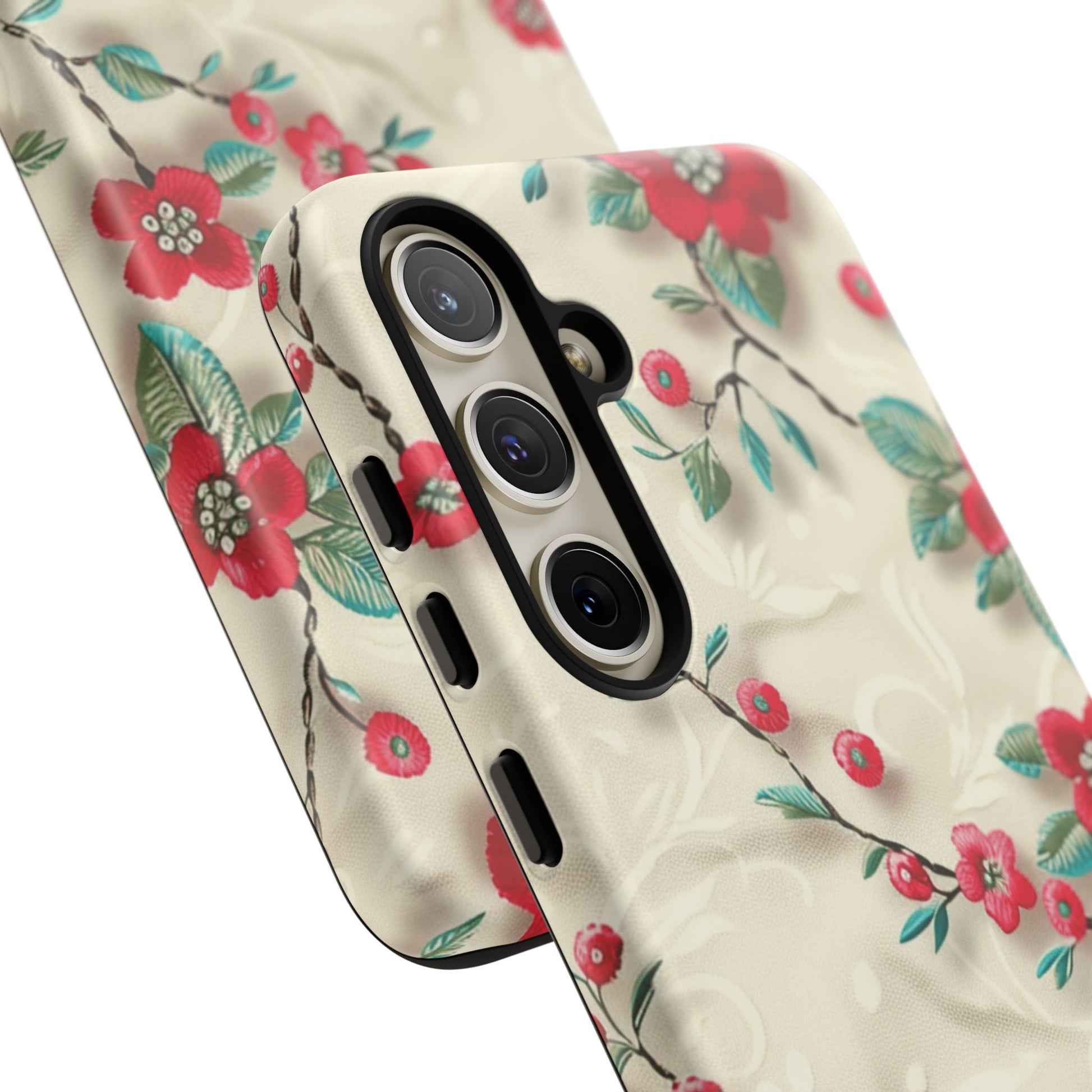 3D Embroidery Illusion Red Flowers Phone Case for iPhone, Samsung Pixel Artistic Floral Protection 15 14 13 12, 21 23 Gift for Her Perfect for Floral Lover