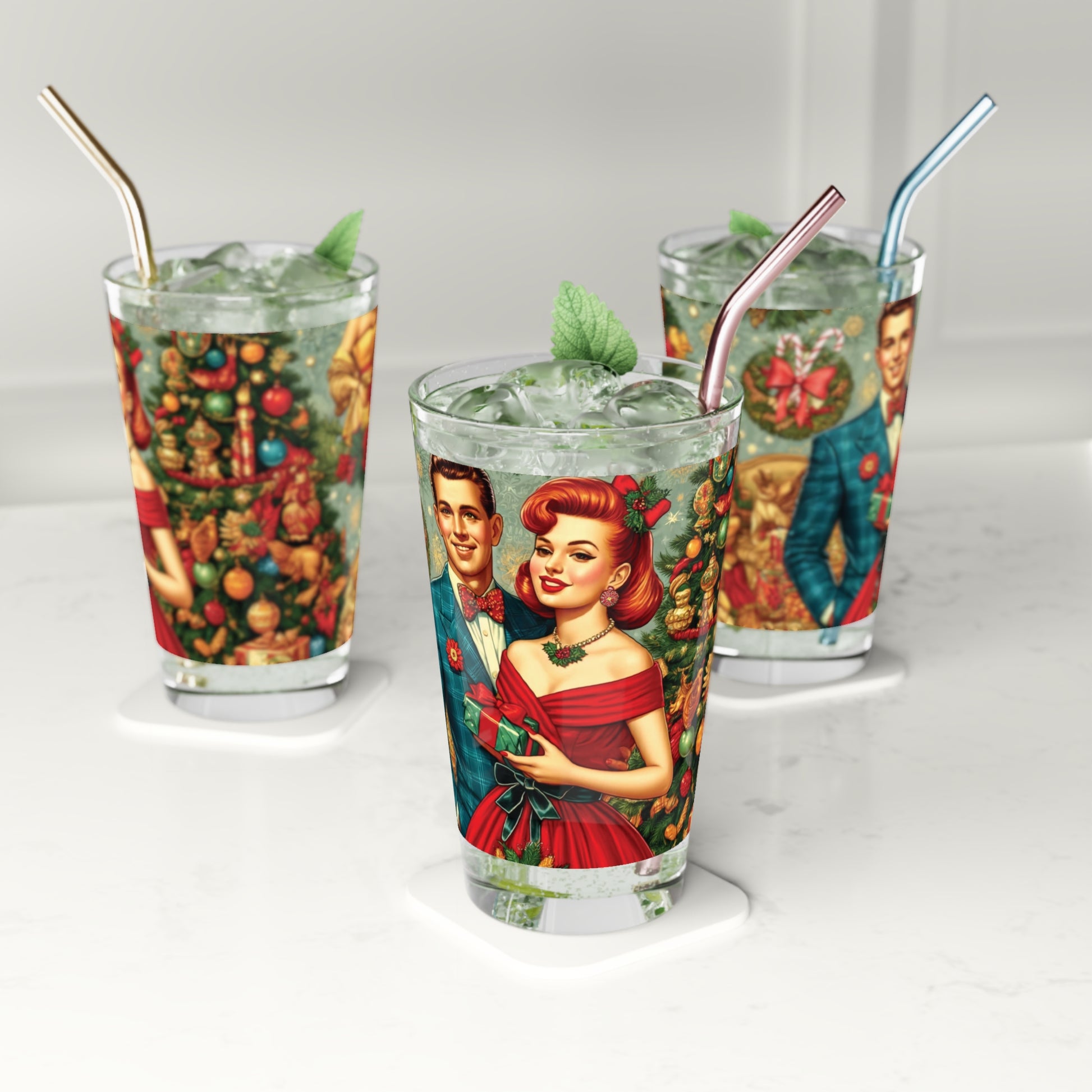 Retro Radiance: 16 oz Pint Glass Featuring 50s Franciscan Diamond Starburst Kitsch Christmas Card Art Party Drinkware, Cocktail Glass Housewarming Perfect Gift Party Drinkware, Cocktail, Wedding Perfect for Parties - MRSBYVALLE