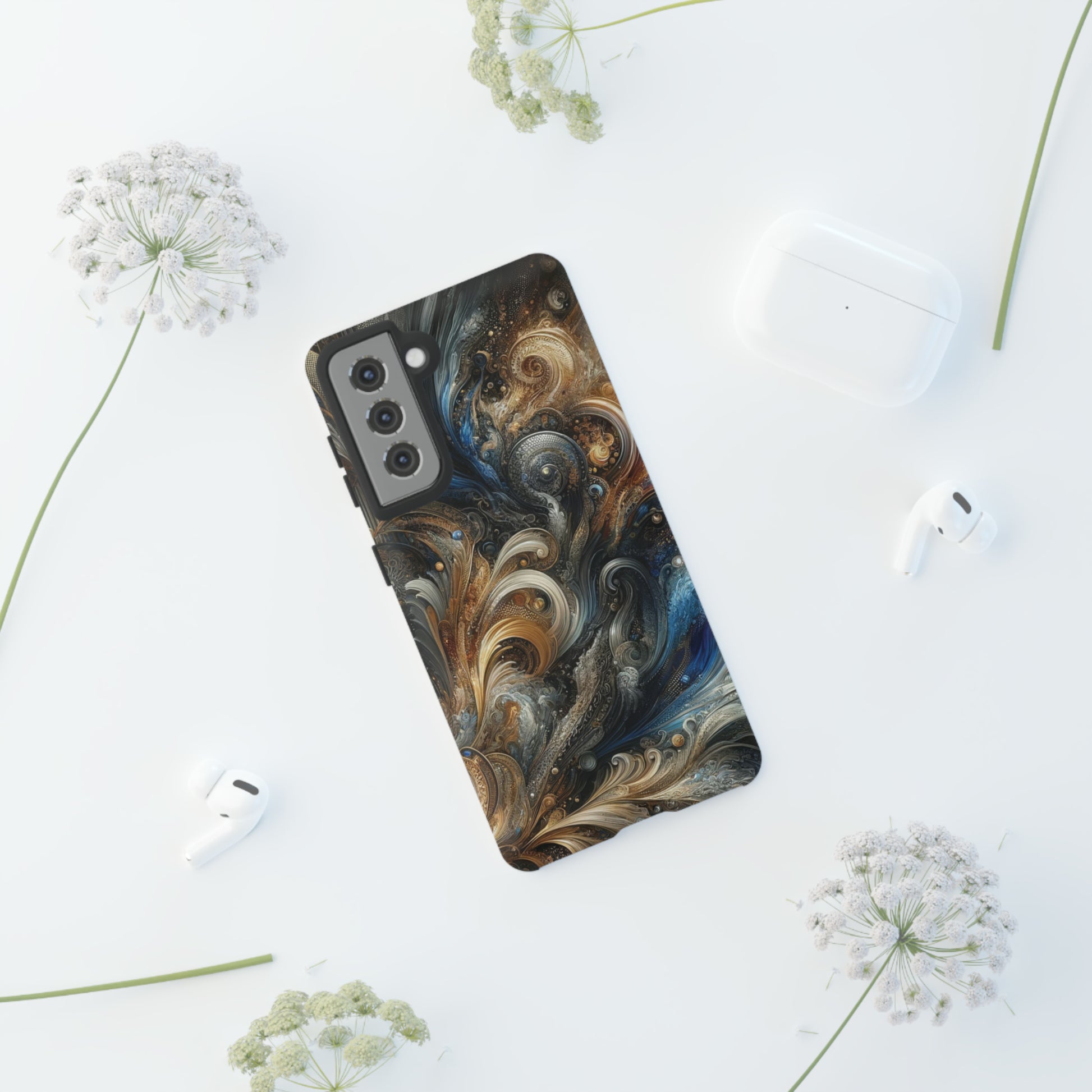 Gold and Navy Art Design Luxury Phone Tough Case Floral Elegant Durable Stylish for Modern Devices iPhone 15, Samsung iPhone Samsung Accessory Gift for Her.