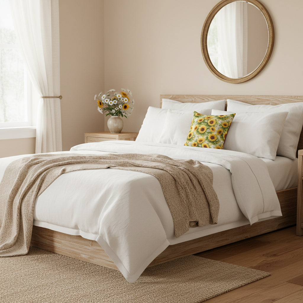 Decorative pillow with sunflower pattern on a white background