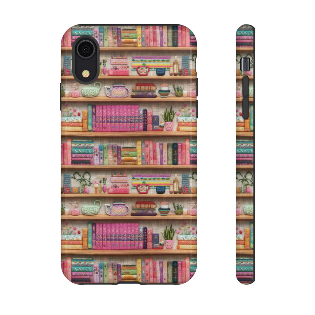 Whimsical 3D Embroidery Illusion Books on Pastel Shelves Phone Case for iPhone, Samsung & Pixel: Unique Accessory for Literary Enthusiasts Gift for Her Perfect for Floral Lover