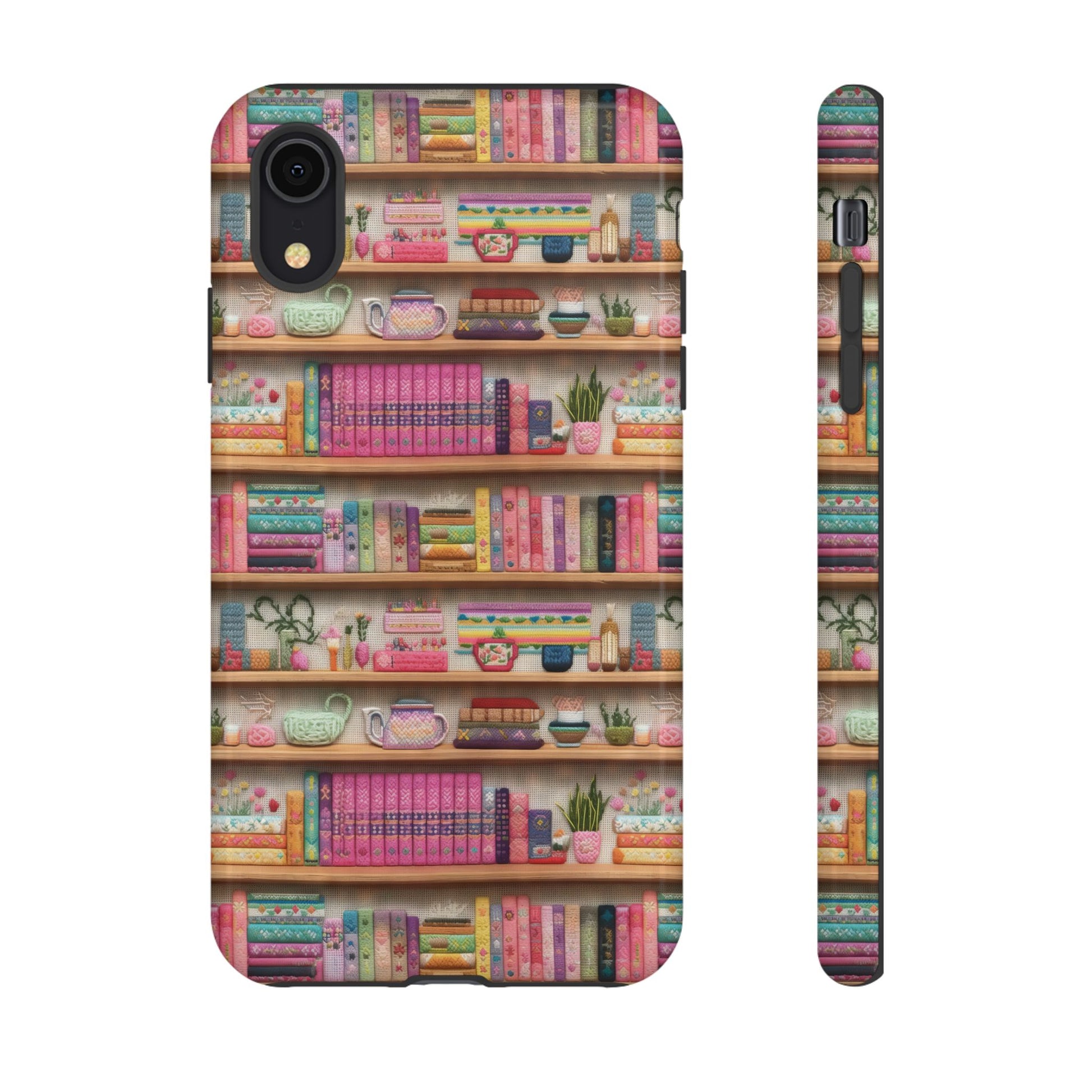 Whimsical 3D Embroidery Illusion Books on Pastel Shelves Phone Case for iPhone, Samsung & Pixel: Unique Accessory for Literary Enthusiasts Gift for Her Perfect for Floral Lover