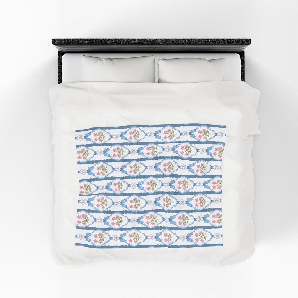 Couverture en peluche veloutée — Nœuds roses vintage et jeté romantique bleu