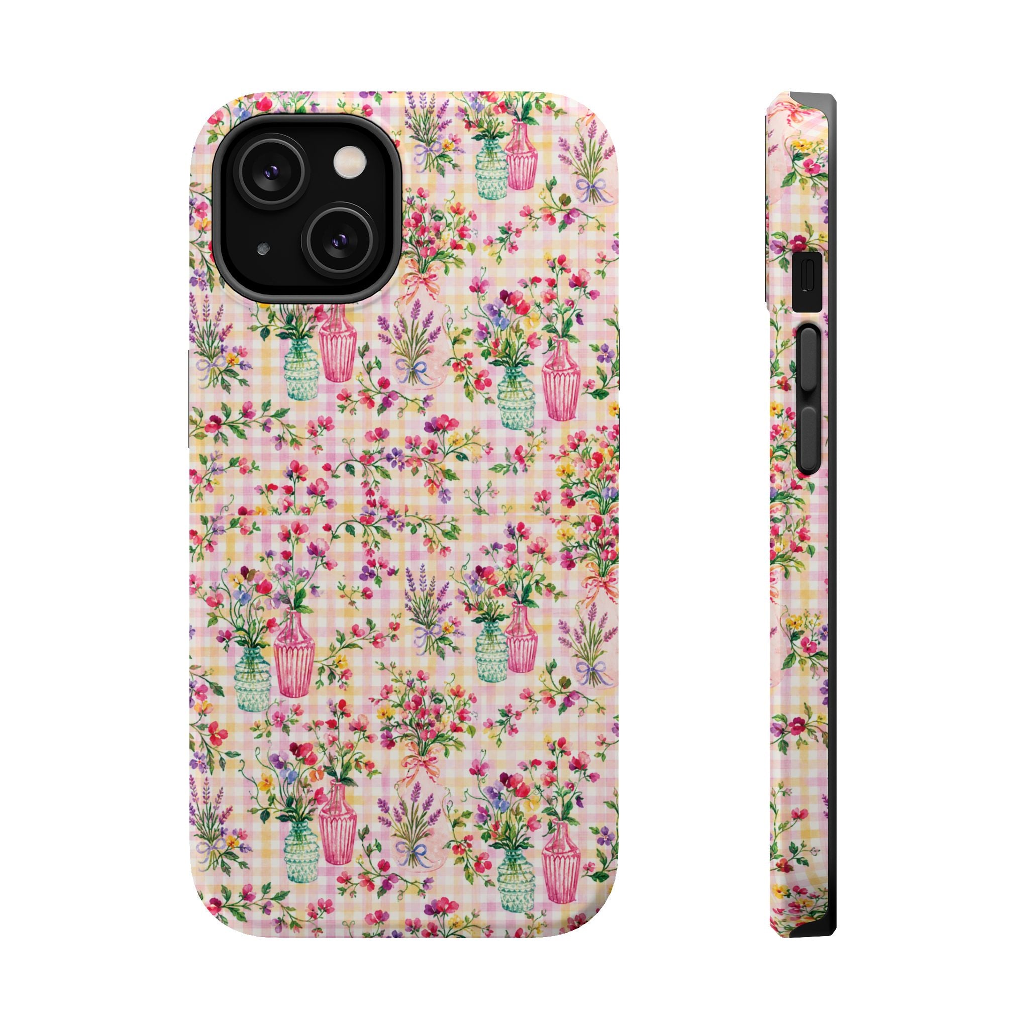 Turquoise & Pink Floral Checker Phone Case — Magnetic Impact-Resistant