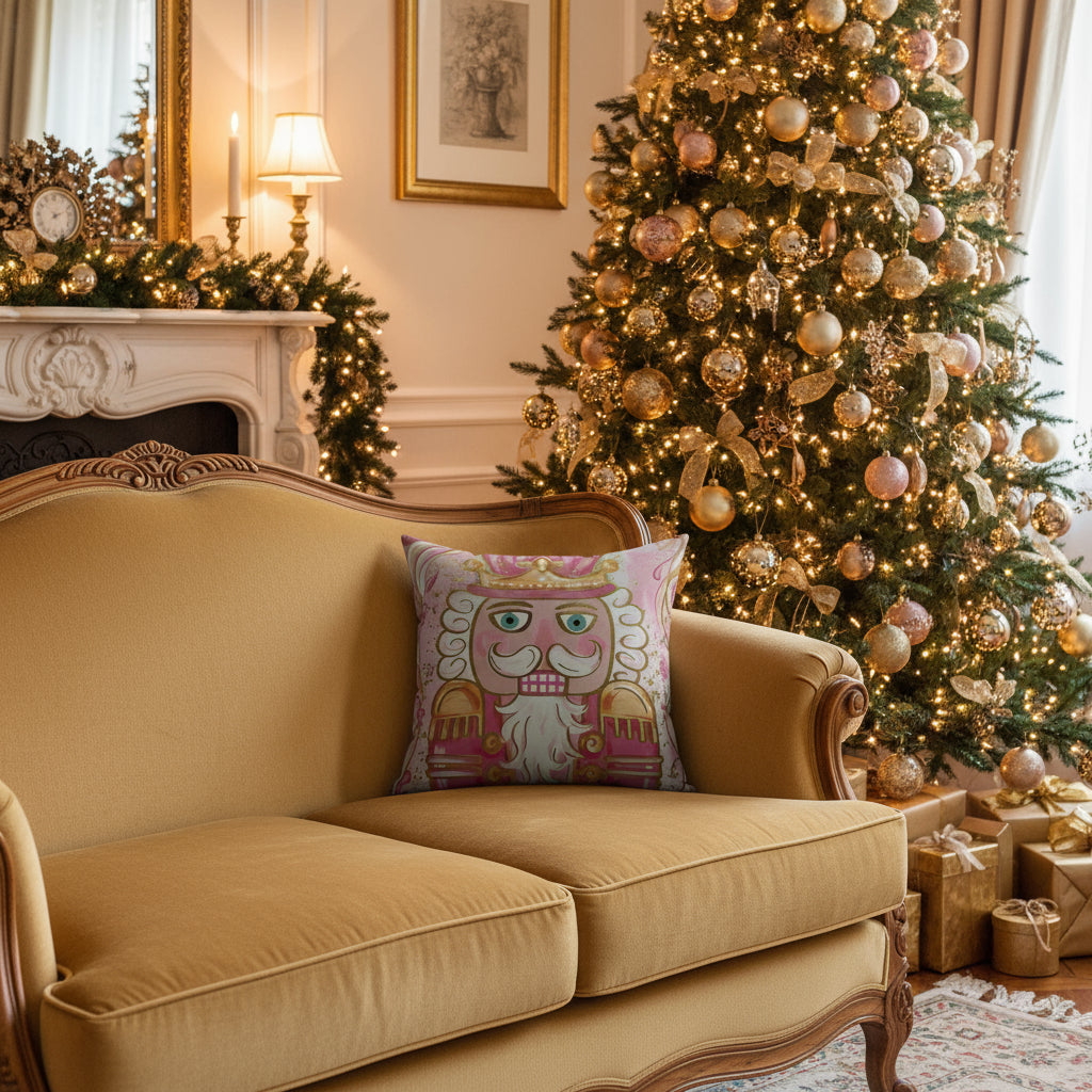 Decorative pillow with a cartoonish king design on a pink background