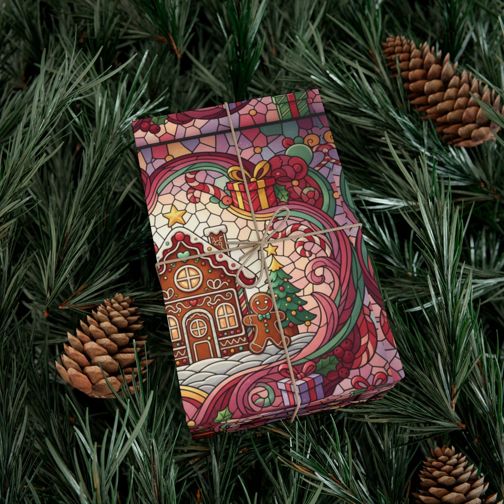 Stained Glass Gift Wrap Papers, Gingerbread House and Family Design - Wrapping Sheets, Festive Holiday Craft Supplies, Christmas Decoration