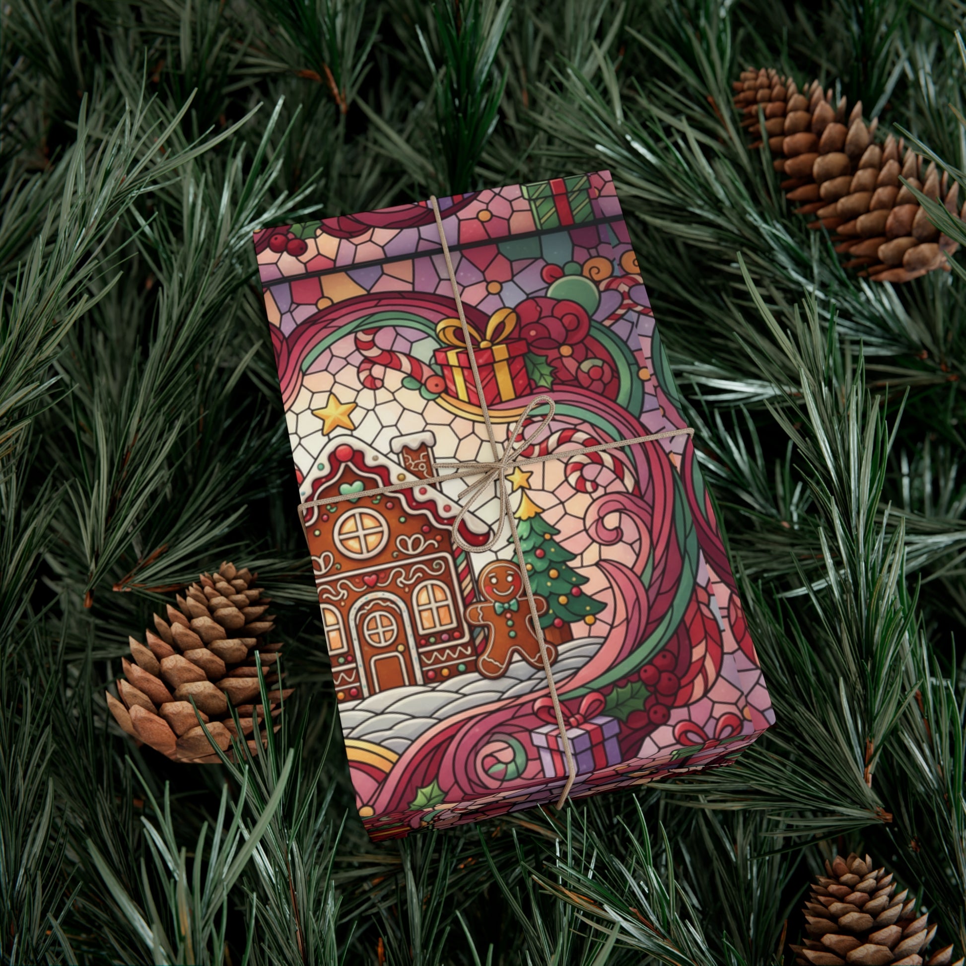 Stained Glass Gift Wrap Papers, Gingerbread House and Family Design - Wrapping Sheets, Festive Holiday Craft Supplies, Christmas Decoration