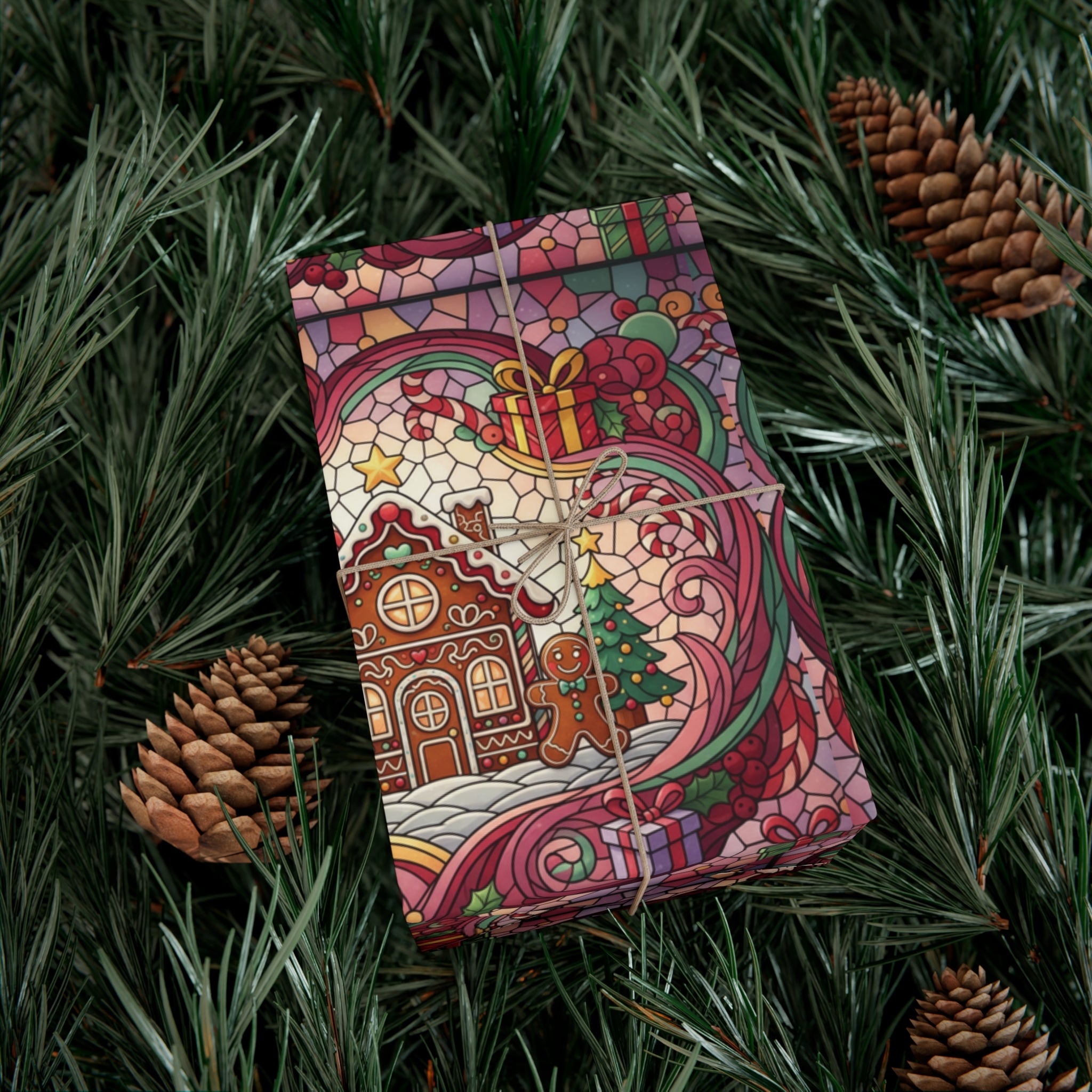 Stained Glass Gift Wrap Papers, Gingerbread House and Family Design - Wrapping Sheets, Festive Holiday Craft Supplies, Christmas Decoration