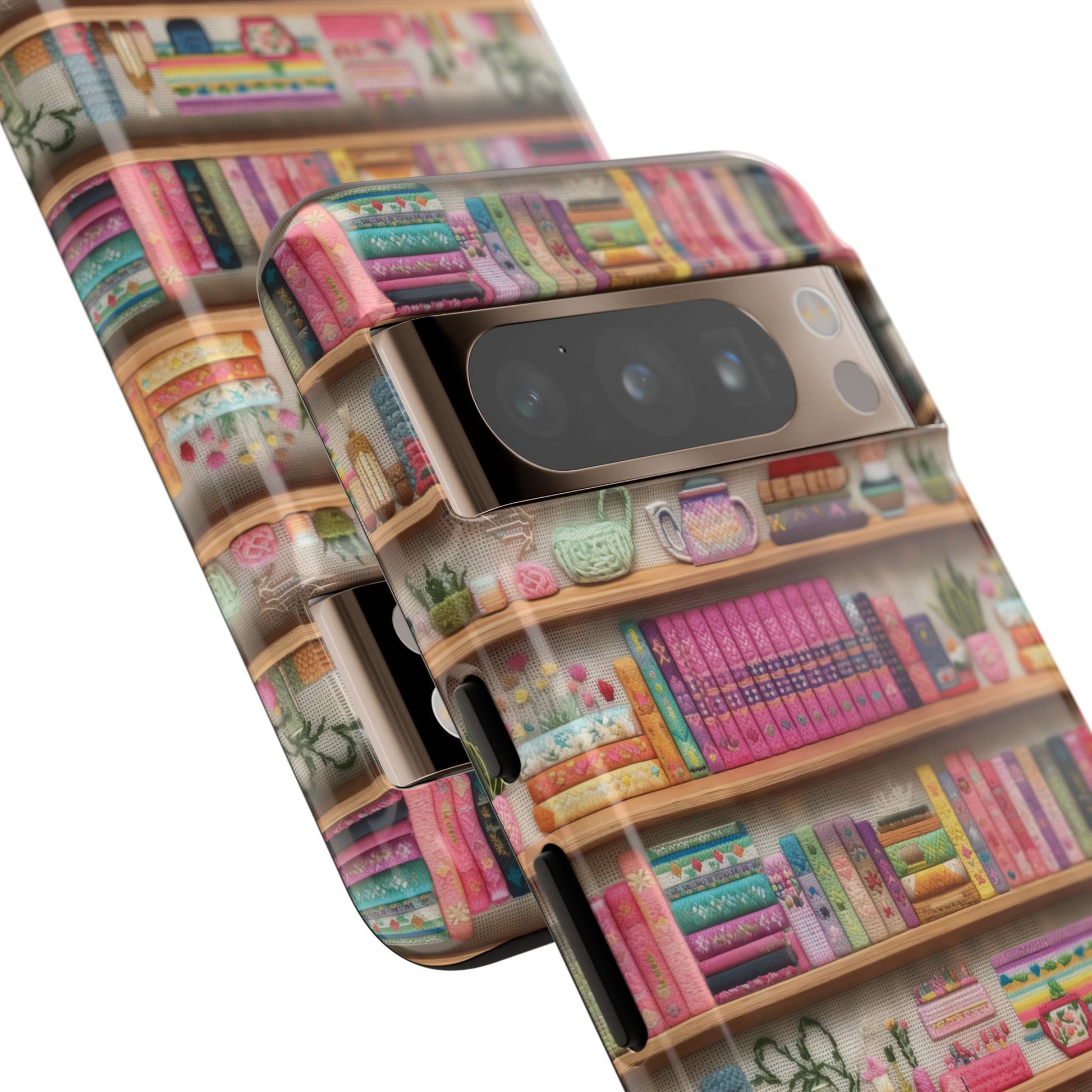 Whimsical 3D Embroidery Illusion Books on Pastel Shelves Phone Case for iPhone, Samsung & Pixel: Unique Accessory for Literary Enthusiasts Gift for Her Perfect for Floral Lover
