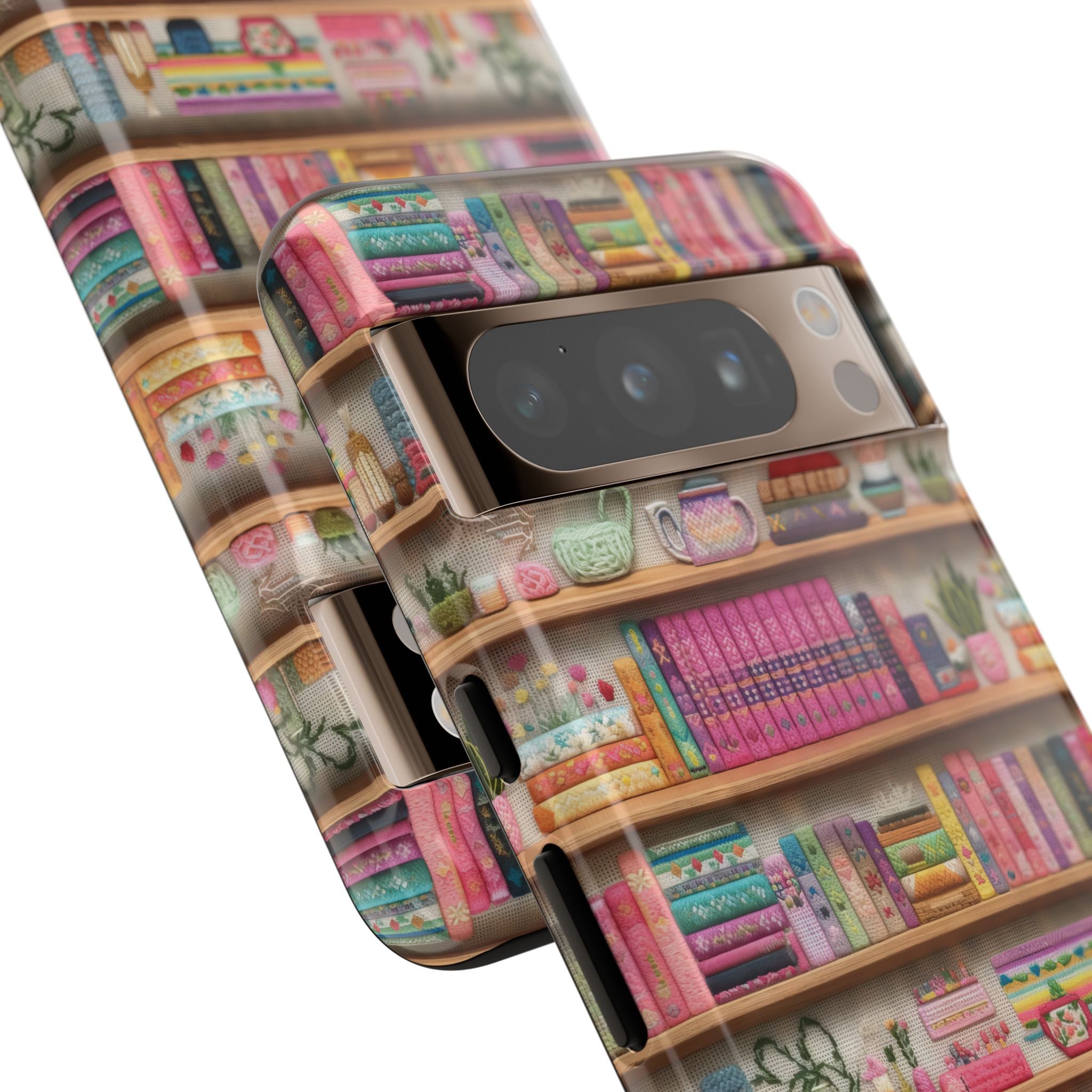 Whimsical 3D Embroidery Illusion Books on Pastel Shelves Phone Case for iPhone, Samsung & Pixel: Unique Accessory for Literary Enthusiasts Gift for Her Perfect for Floral Lover