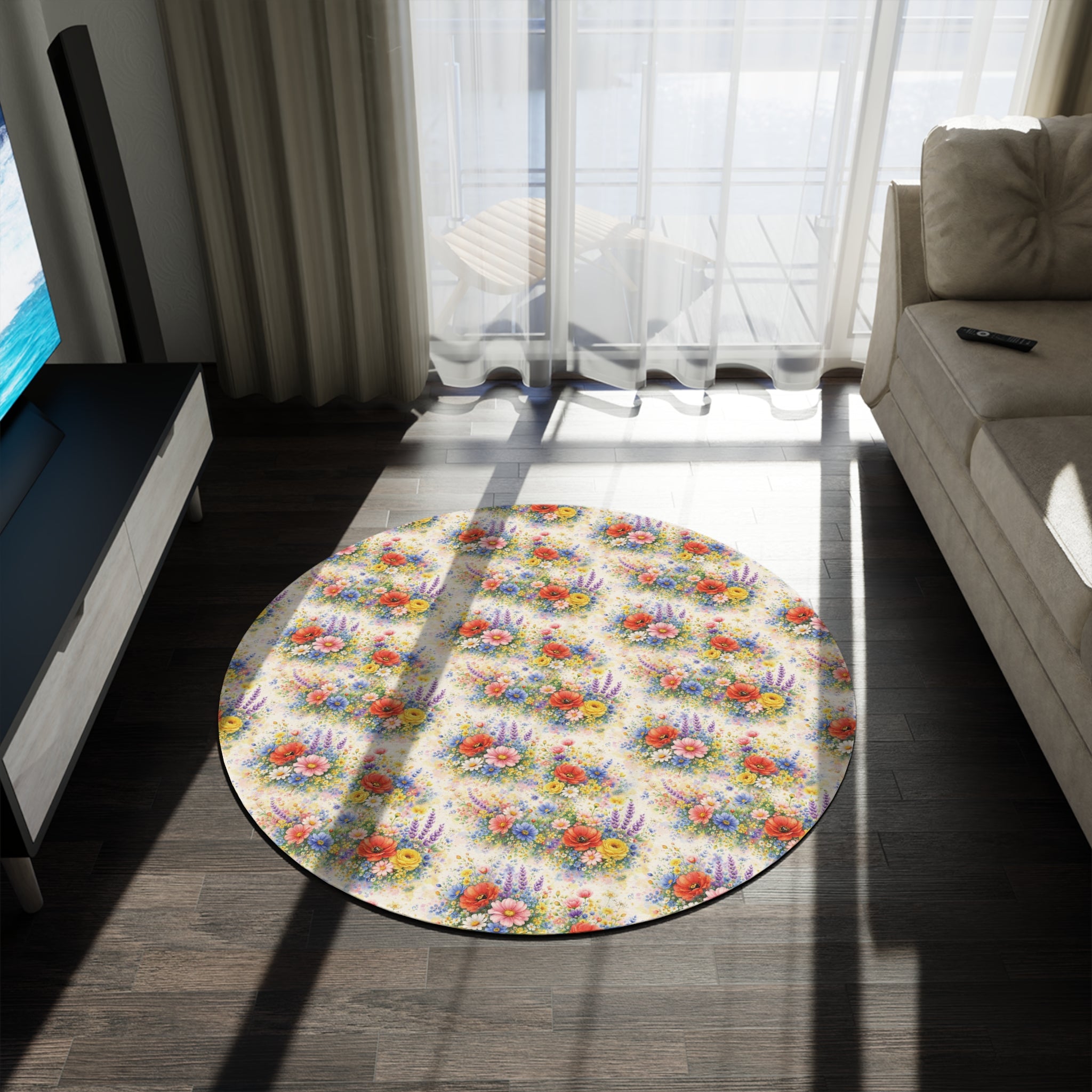 Watercolor Wildflower Round Rug — Floral Boho Home Décor Office, Bedroom Trend