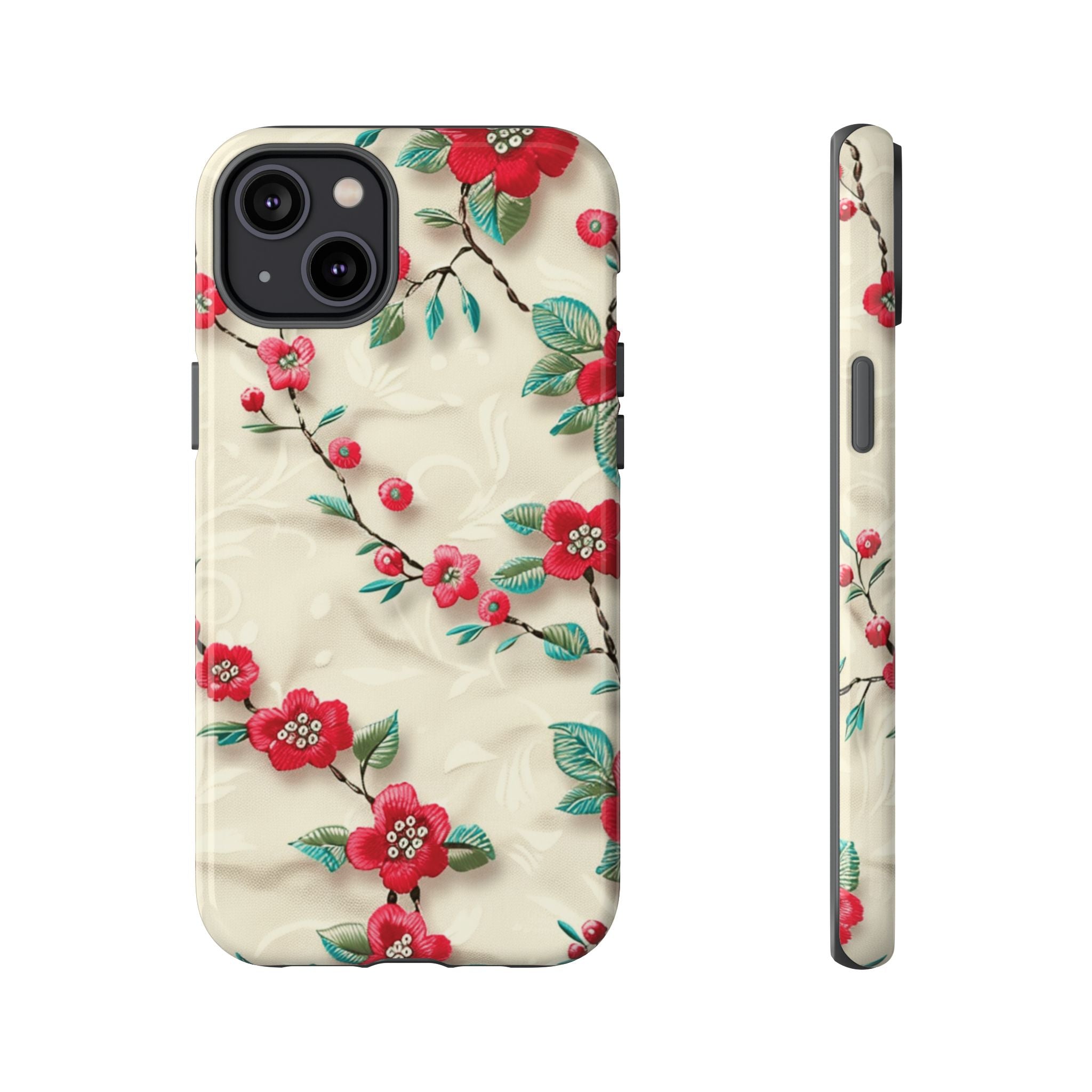 3D Embroidery Illusion Red Flowers Phone Case for iPhone, Samsung Pixel Artistic Floral Protection 15 14 13 12, 21 23 Gift for Her Perfect for Floral Lover
