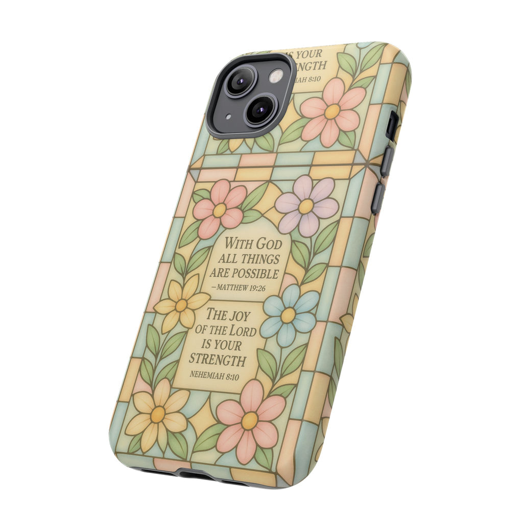 Pastel Stained Glass Bible Verse Phone Case Christian Affirmation Cover, Soft Geometric Design, iPhone Samsung Google, Faith Gift for Her Bible Verse or Affirmation | Protective, Inspirational Gift for Christians
