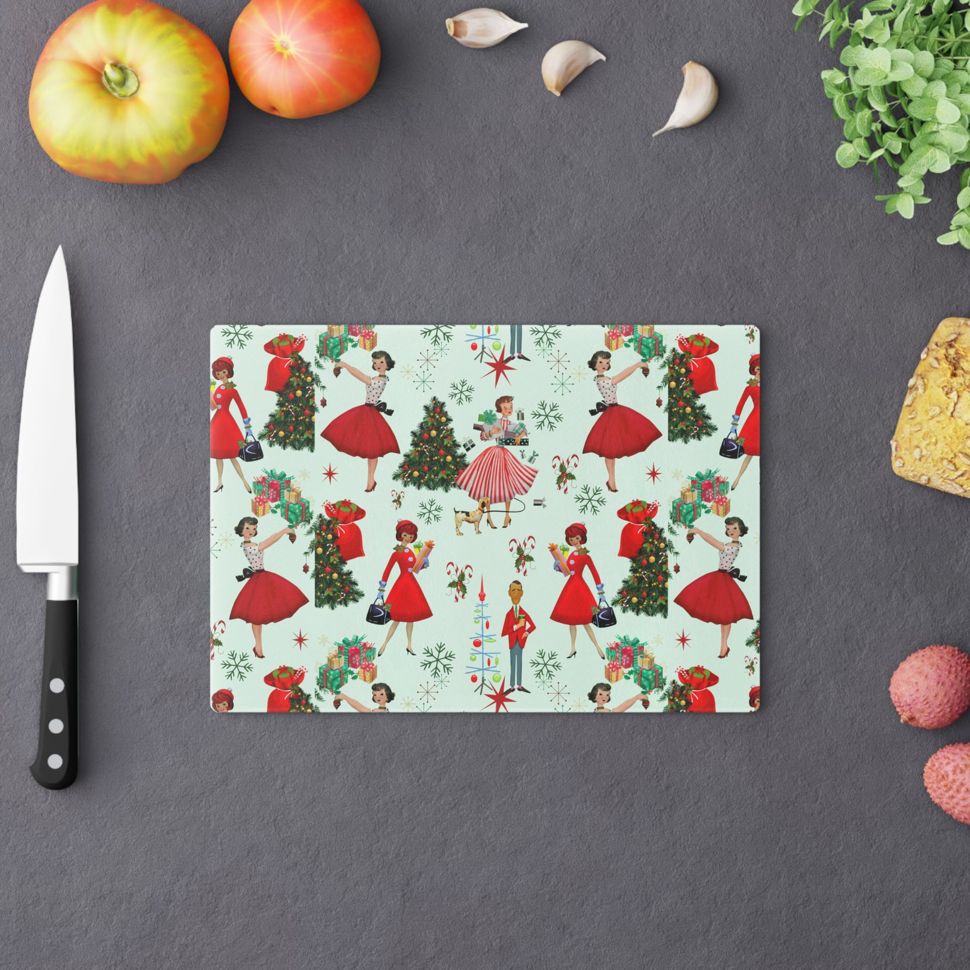 New House Tempered Glass Cutting Board with 1950s Vintage Retro Christmas Design Ultra-Durable Kitchen Accessory for Stylish Cooking Kitchen Decor Housewarming, New House Gift - MRSBYVALLE
