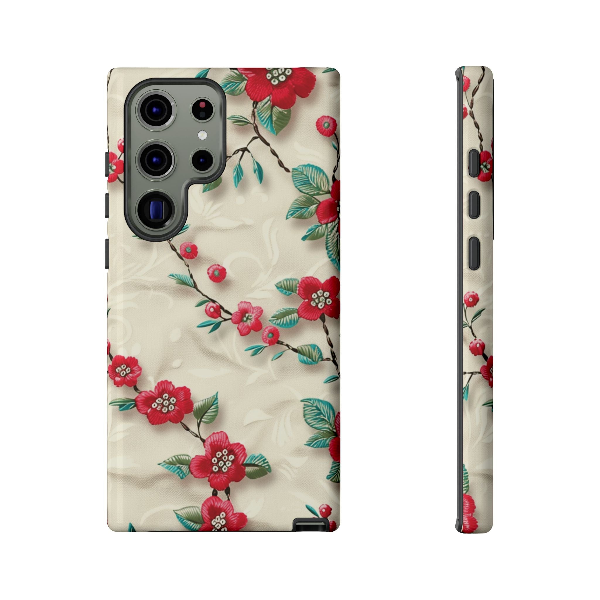 3D Embroidery Illusion Red Flowers Phone Case for iPhone, Samsung Pixel Artistic Floral Protection 15 14 13 12, 21 23 Gift for Her Perfect for Floral Lover
