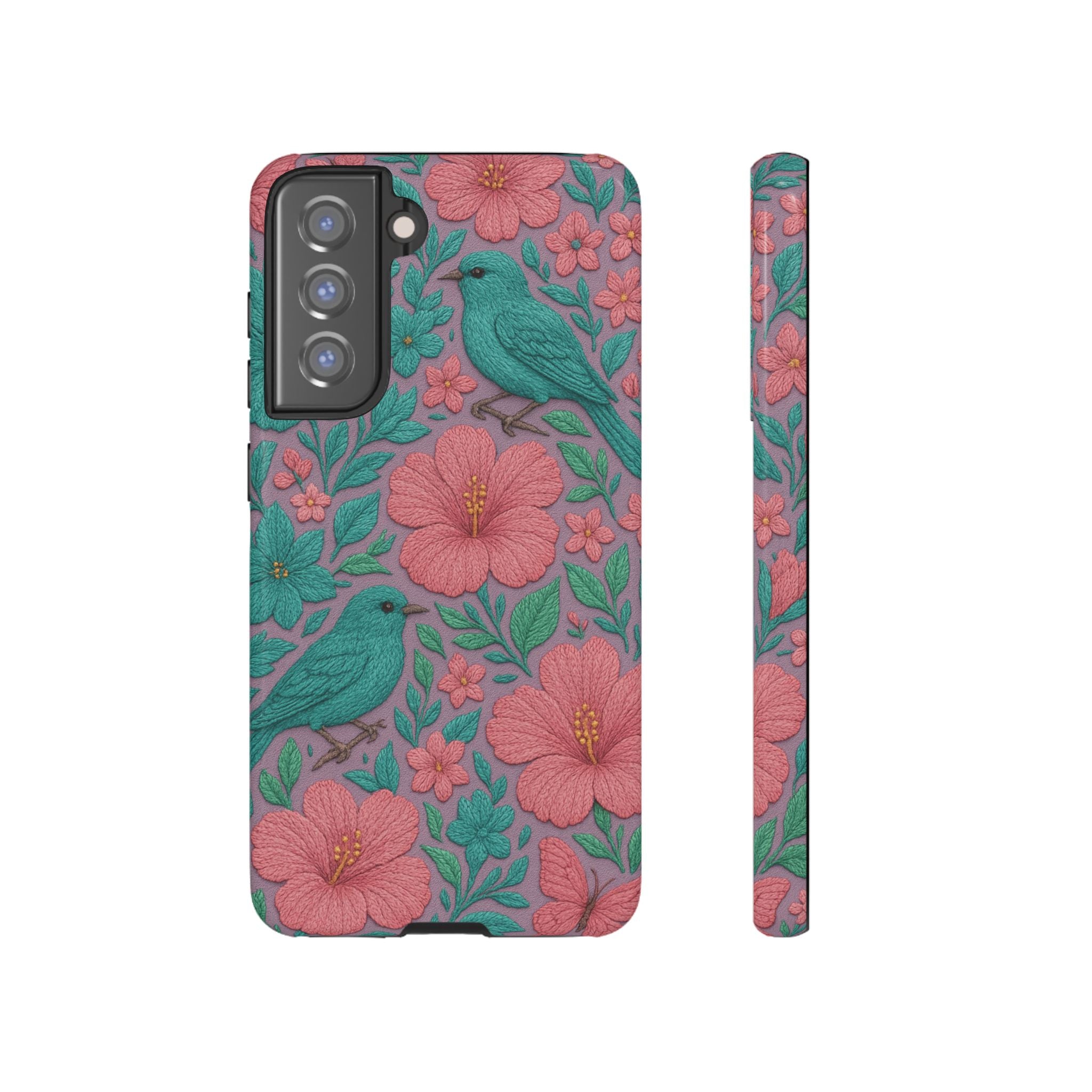 Turquoise, Pink and Lavender 3D Embroidery Illusion Phone Case Tropical Flowers, Birds & Butterflies Cover with Bold, Realistic Floral Texture iPhone, Samsung