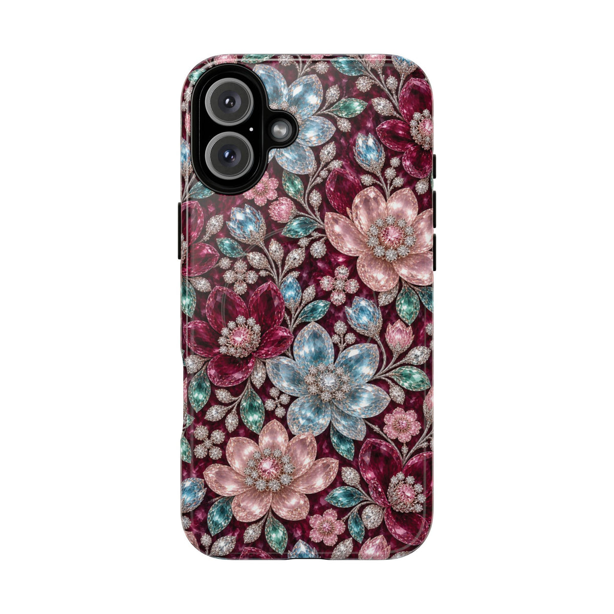 Floral faux Jewel Phone Case Sparkling Burgundy Flower Tough Magnetic Case 18 iPhone
