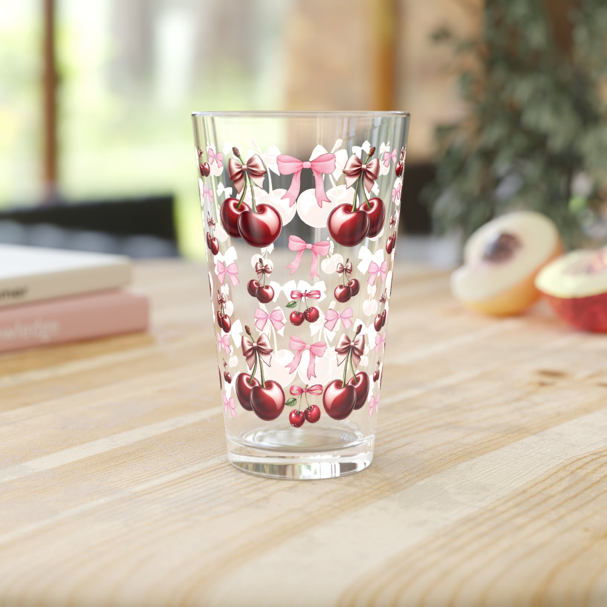 Cherry and Pink Bow 16 oz Pint Glass Elegant Drinkware for Everyday Use | Perfect for Home Perfect for Every Occasion Mother's Day Party Drinkware, Housewarming Perfect Gift Party Drinkware, Cocktail, Wedding Perfect for Parties - MRSBYVALLE