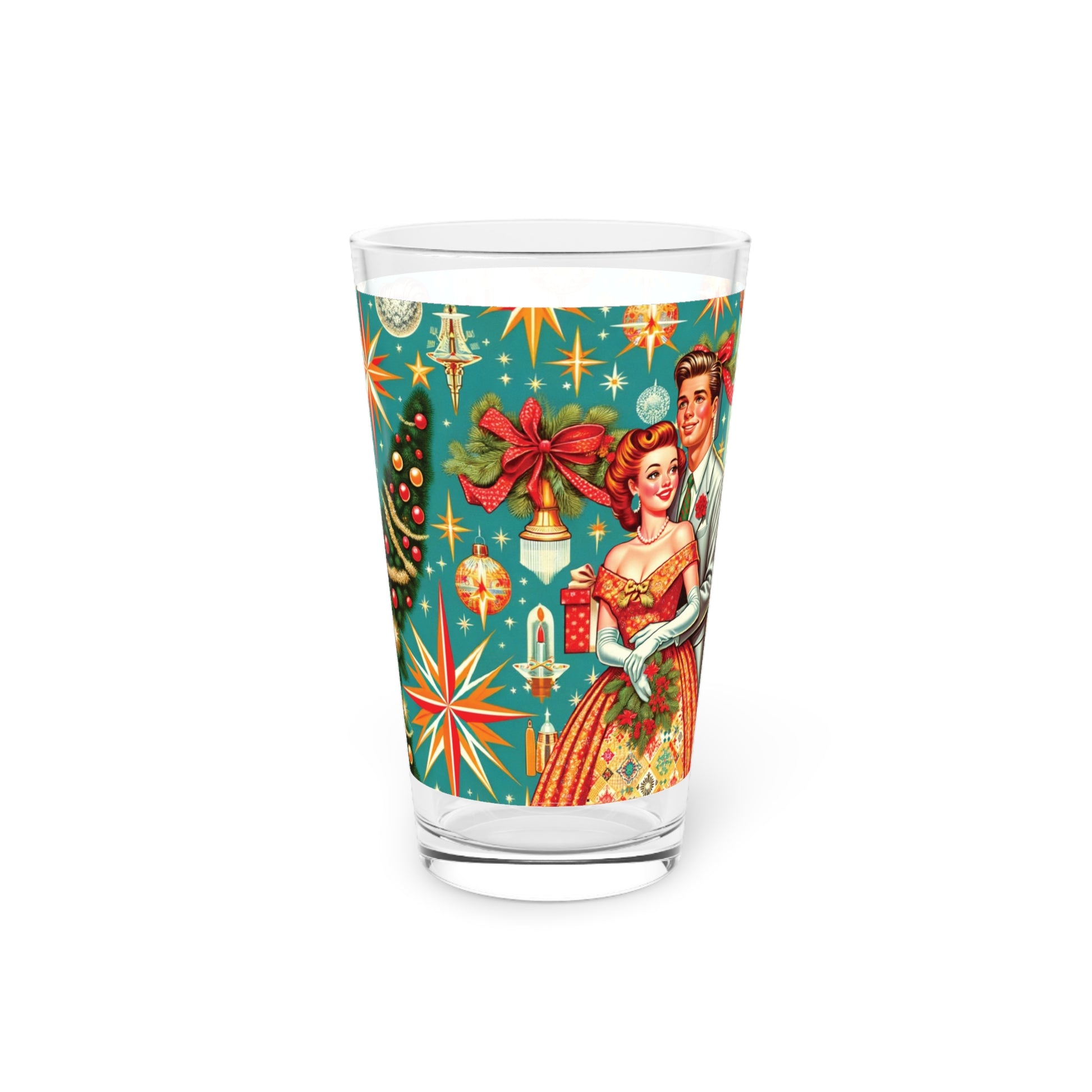 Retro Radiance 16 oz Pint Glass Featuring 50s Franciscan Diamond Starburst Kitsch Christmas Card Art Party Drinkware, Cocktail Glass Housewarming Perfect Gift Party Drinkware, Cocktail, Wedding Perfect for Parties - MRSBYVALLE