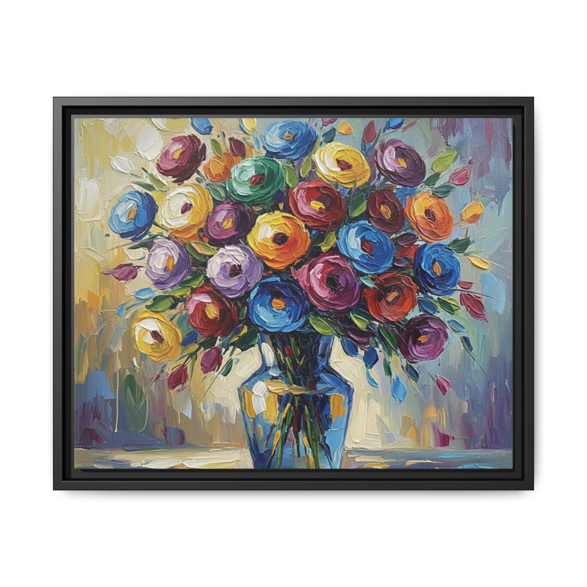 Impression sur toile bouquet floral aquarelle - Tableau mural encadré mat - Illusion de peinture à l'huile vibrante