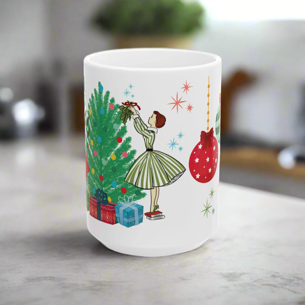White mug with Christmas-themed design featuring a girl, tree, and ornaments on a white background