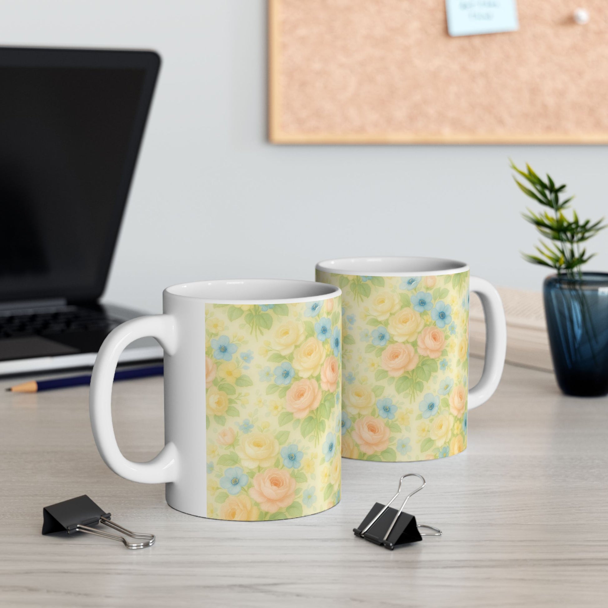 Vintage Pastel Yellow Floral Coffee Mug – 11 & 15oz Ceramic Mug, Romantic Gift for Her, Cottagecore Aesthetic, Cozy Hot Chocolate or Tea Mug for Home Decor