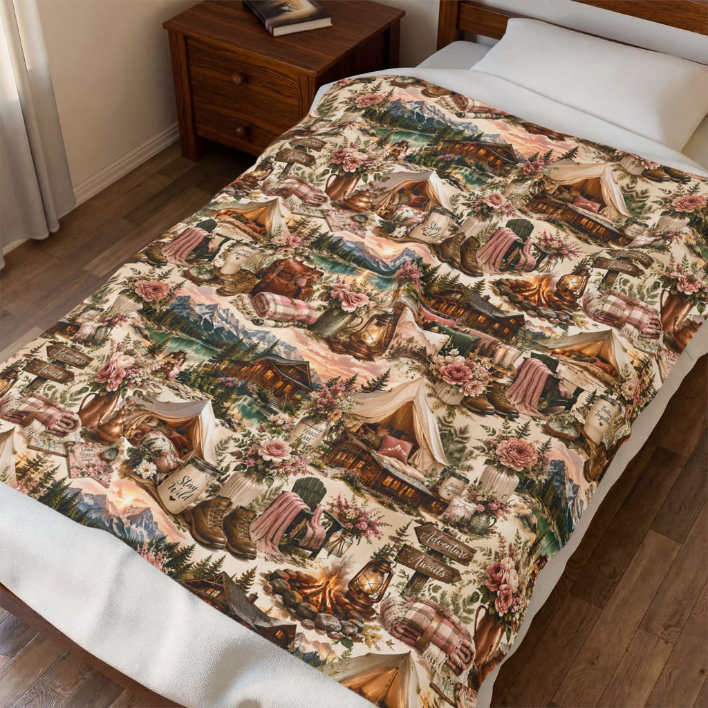 Cozy Cabin Camping Velveteen Plush Blanket Outdoor