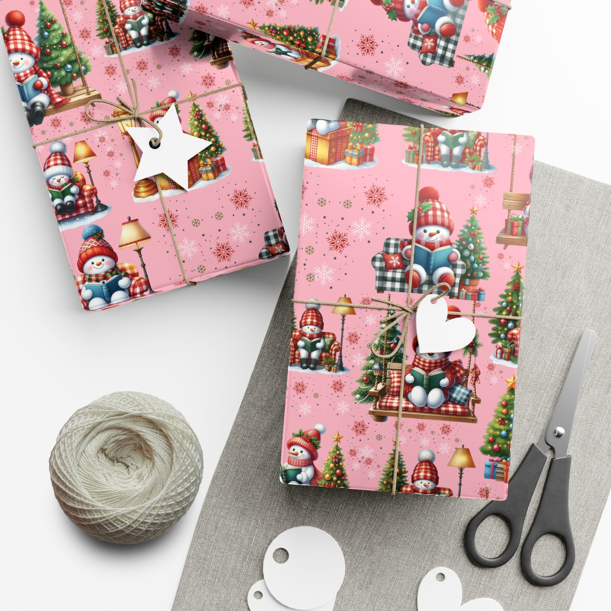 Pink Christmas Snowman Wrapping Paper with Adorable Pink Bows Perfect for Whimsical Christmas Gift Wrap | Festive Holiday Present Wrapping Sheets - MRSBYVALLE
