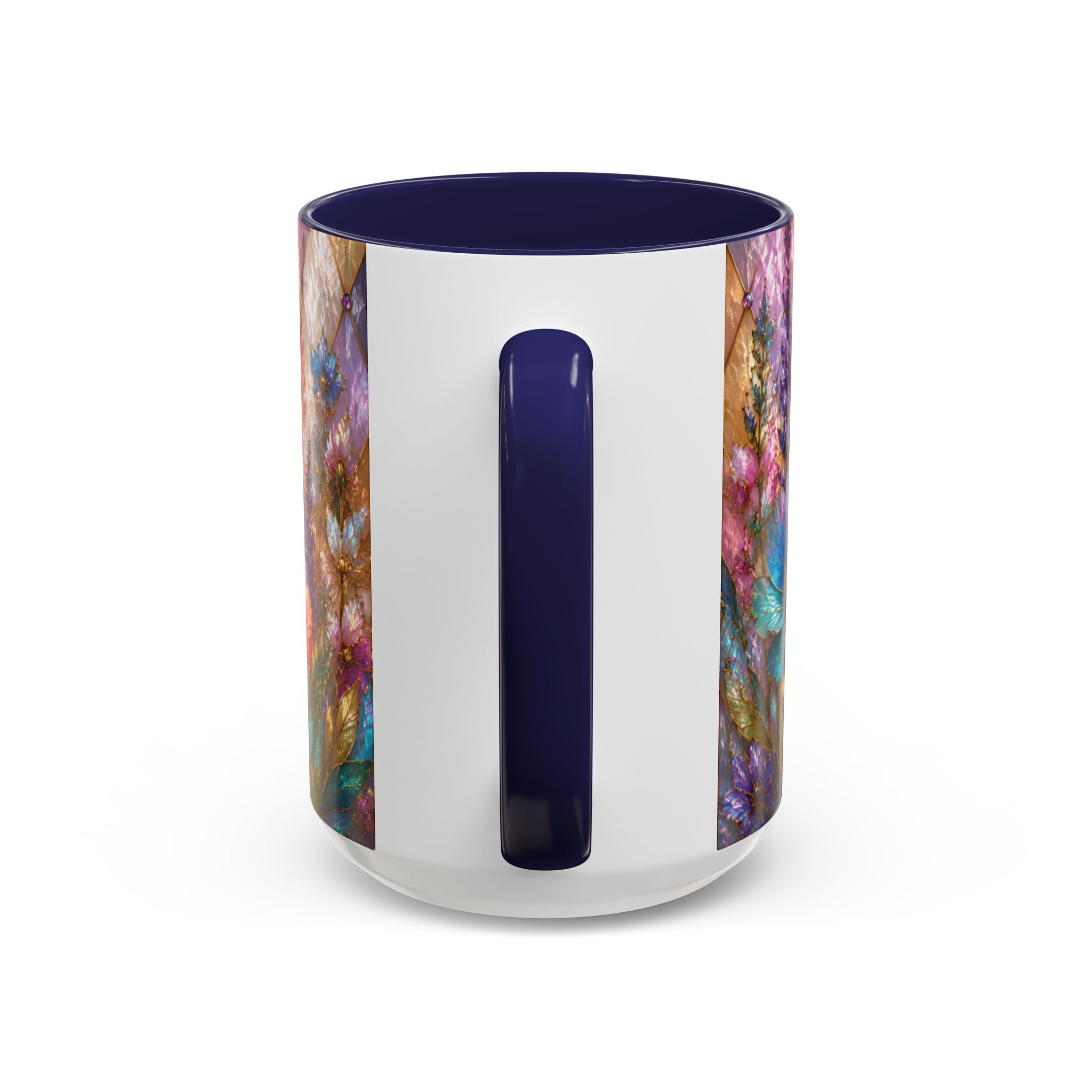 Floral Mosaic Accent Coffee Mug — Colorful Garden Flowers 11/15oz Stain Glass Illusion